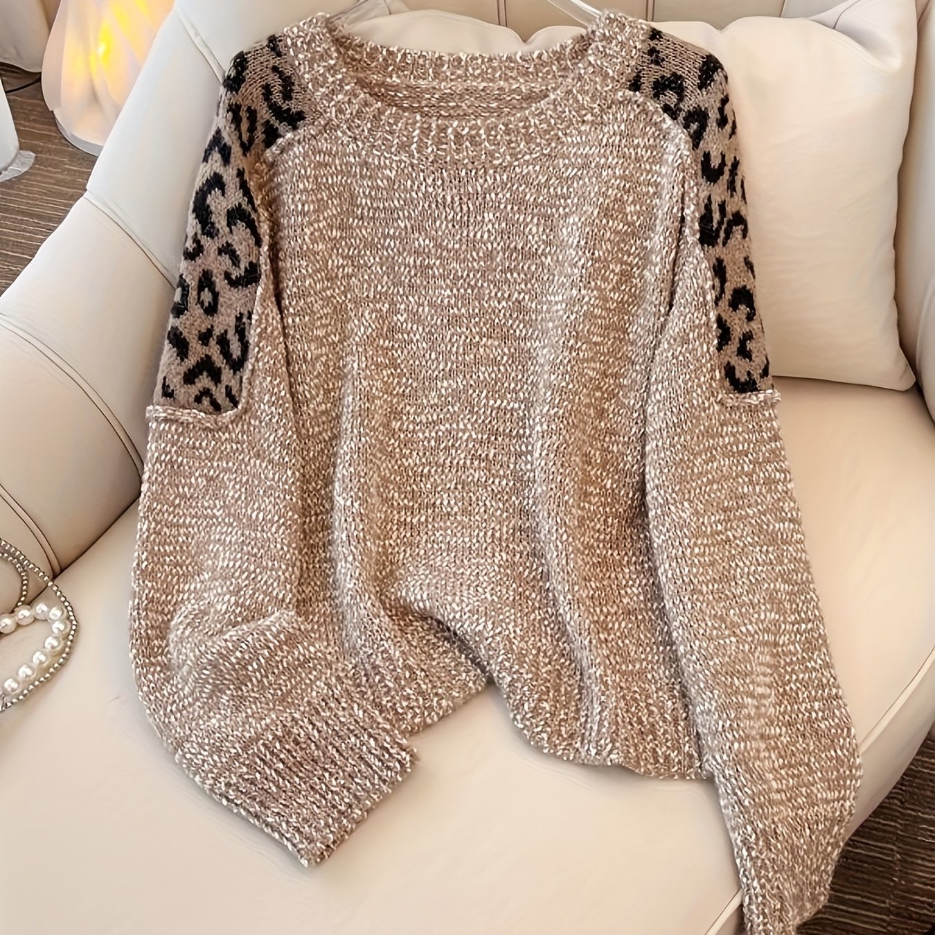 [] Retro Fashion Leopard Print Pullover Sweater Women's Autumn Winter Top
