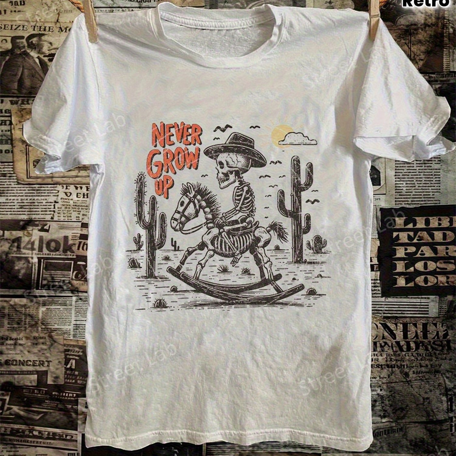 TEMU Am Mens T Shirt Men's Retro Western Pattern T-shirt- Fashionable Skull Cowboy Art Print Regular Fit
