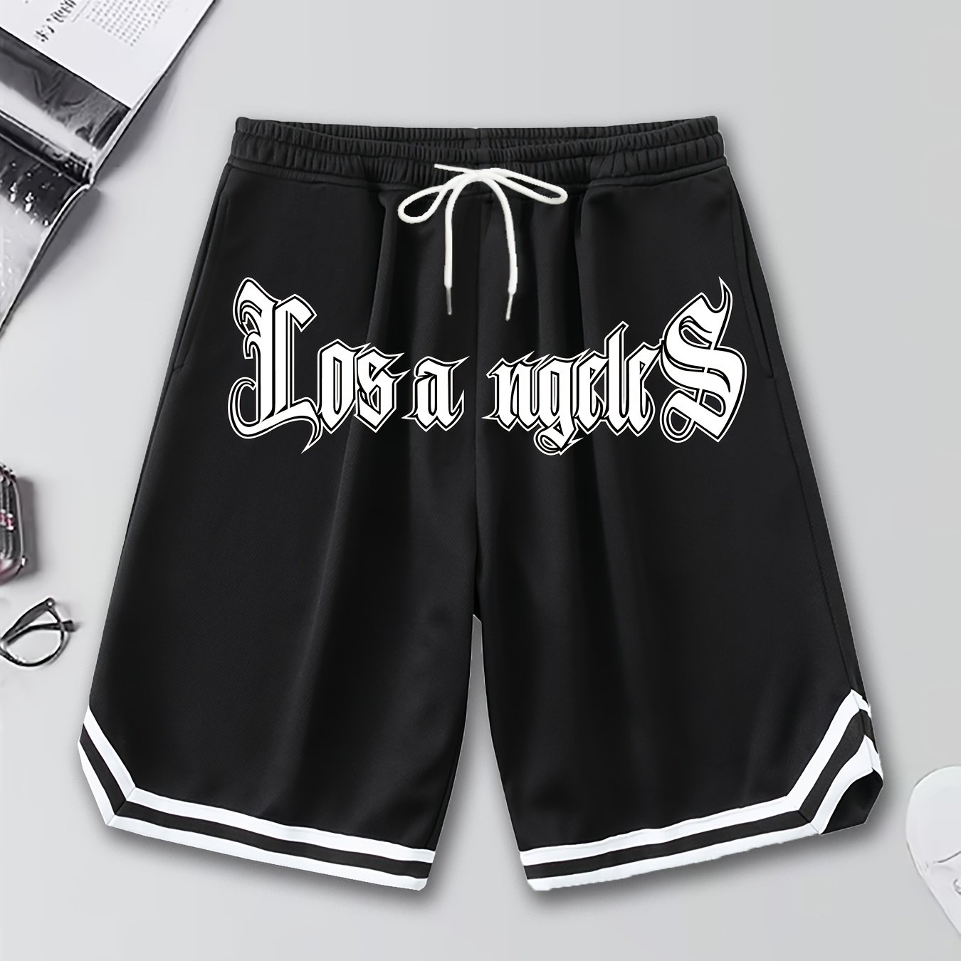 TEMU Boys' Los Angeles Drawstring Shorts Casual Fashion Trendy Loose Comfortable Shorts, Perfect For Outdoor, For Teenager