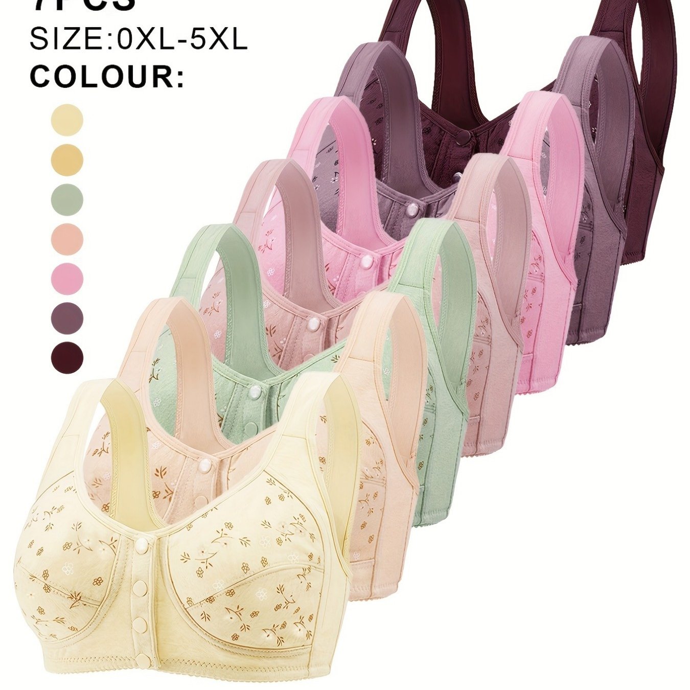 TEMU 7pcs Women's Plus Size Bra - Front Button Closure Wide Strap Soft Bralette With Non-detachable Padded Cups, Full Coverage Suitable For Casual
