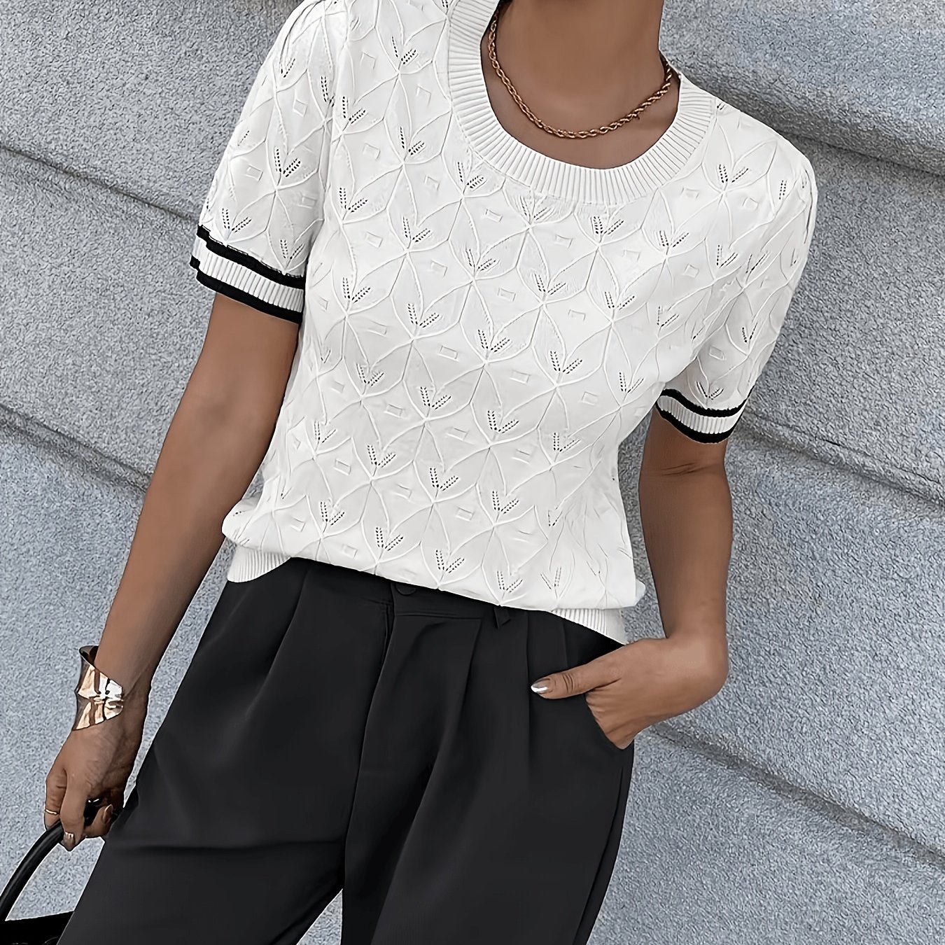 TEMU Summer Women's Pullover Top With Shoulders, Round Neck, Color- Short Sleeves, Casual Hollow-out Eyelet Embroidery, Exquisite And Elegant,