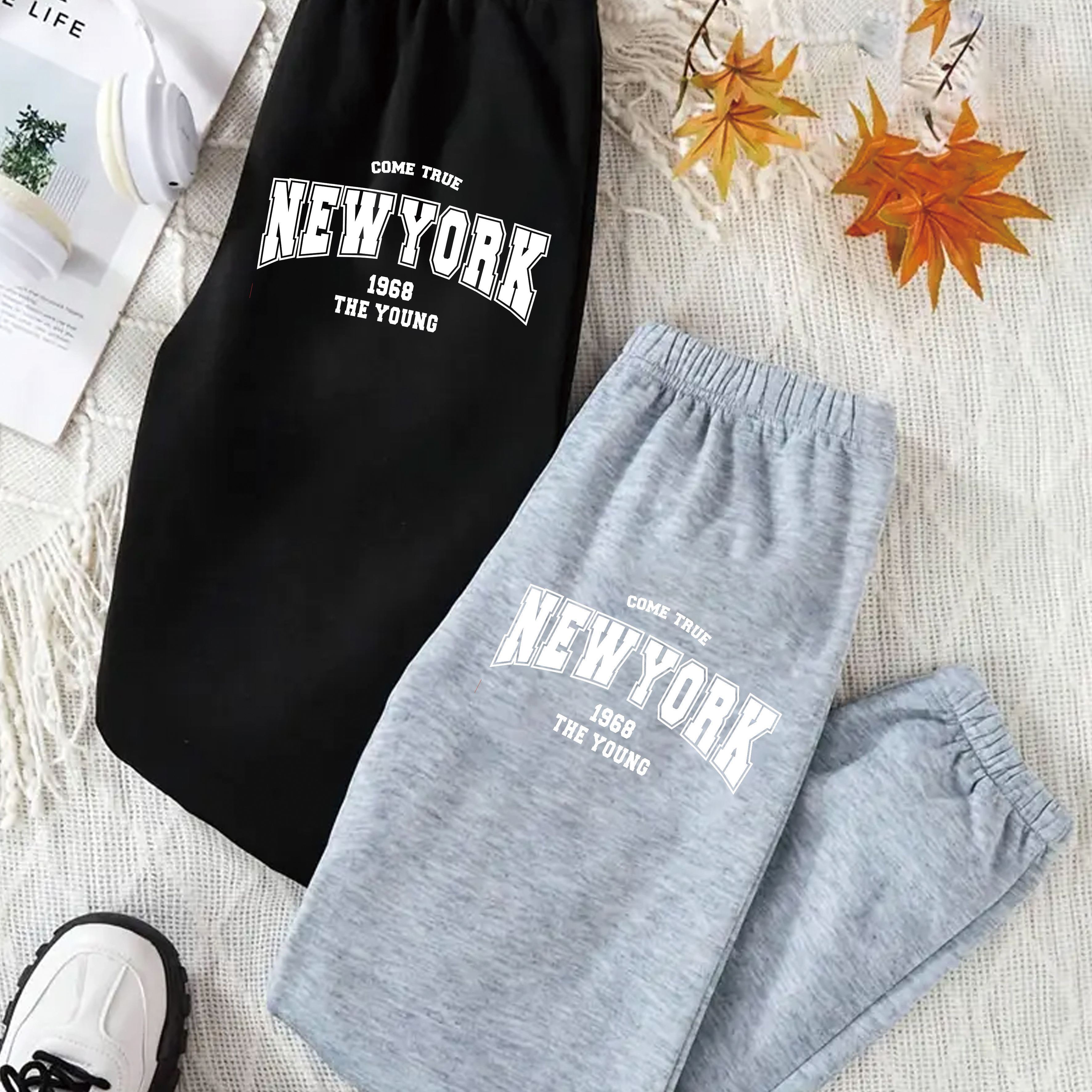 TEMU Two-pack, Style Arrives! Black And Gray Letter Sweatpants, In 1 Click— Fast! "" Print Sweatpants, Dual Colors , Effortlessly Rock Look With An