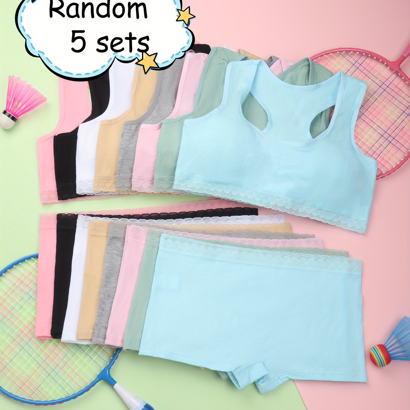 Image of Random 5 Girls Sports Vest + Boxer Briefs Set, Suitable For Home/everyday, Tween Girls Underwear