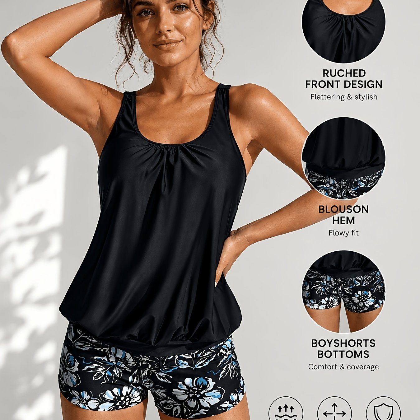 Image of New Women's Swimsuit With Round Neck, Wide Straps, Tummy Control, Waist-defining Floral Print Tankini Set