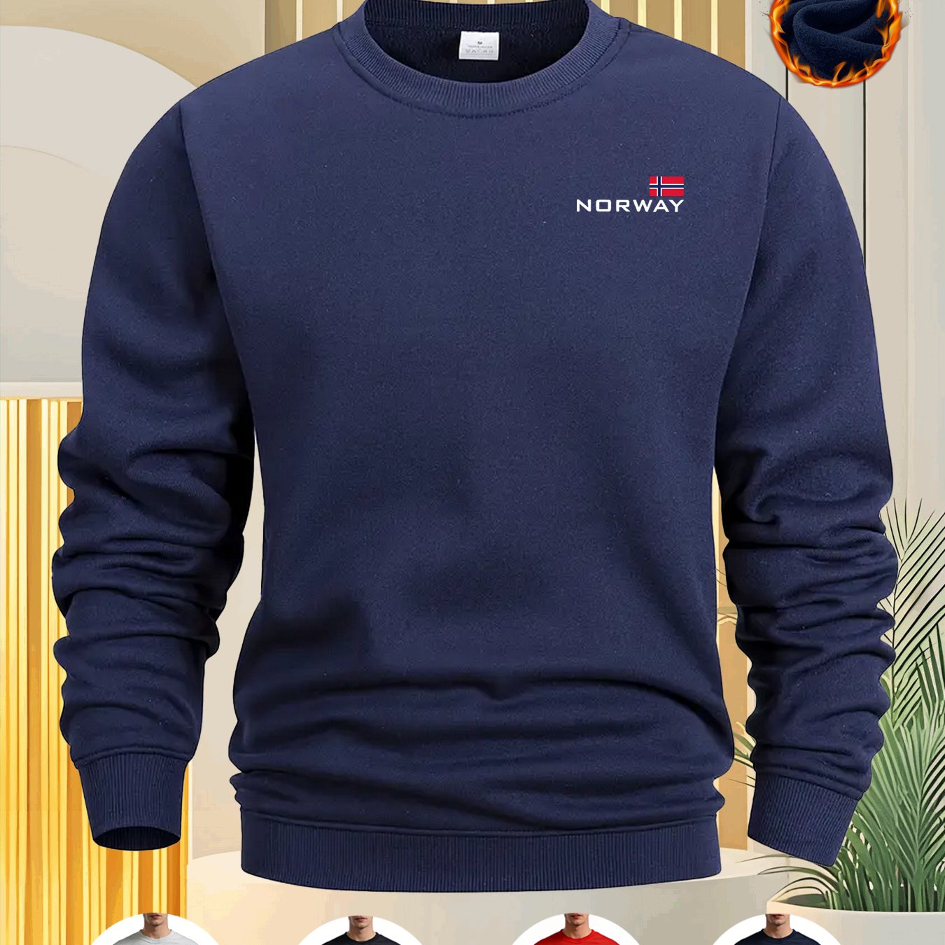TEMU Norway Small Logo Print -lined Thickened Men's Sweatshirt Crewneck Pullover - Black/red/light Gray/navy/ , Casual Long-sleeve Crewneck