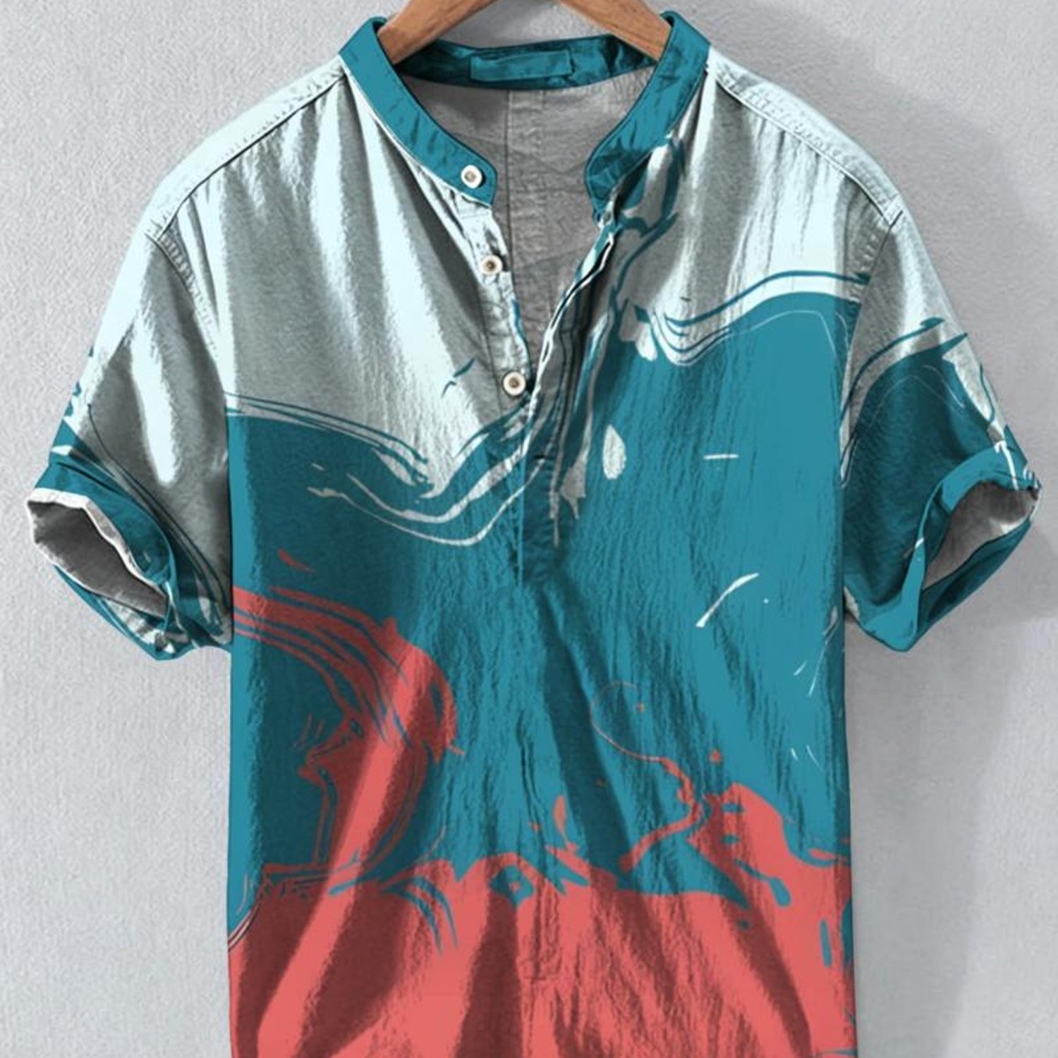 Men's Stand-collar Shirt, Color-block Abstract Print, Polyester Fabric, , Multiple Sizes , Stylish , Dynamic , Suitable For Daily Wear And Leisure Occasions