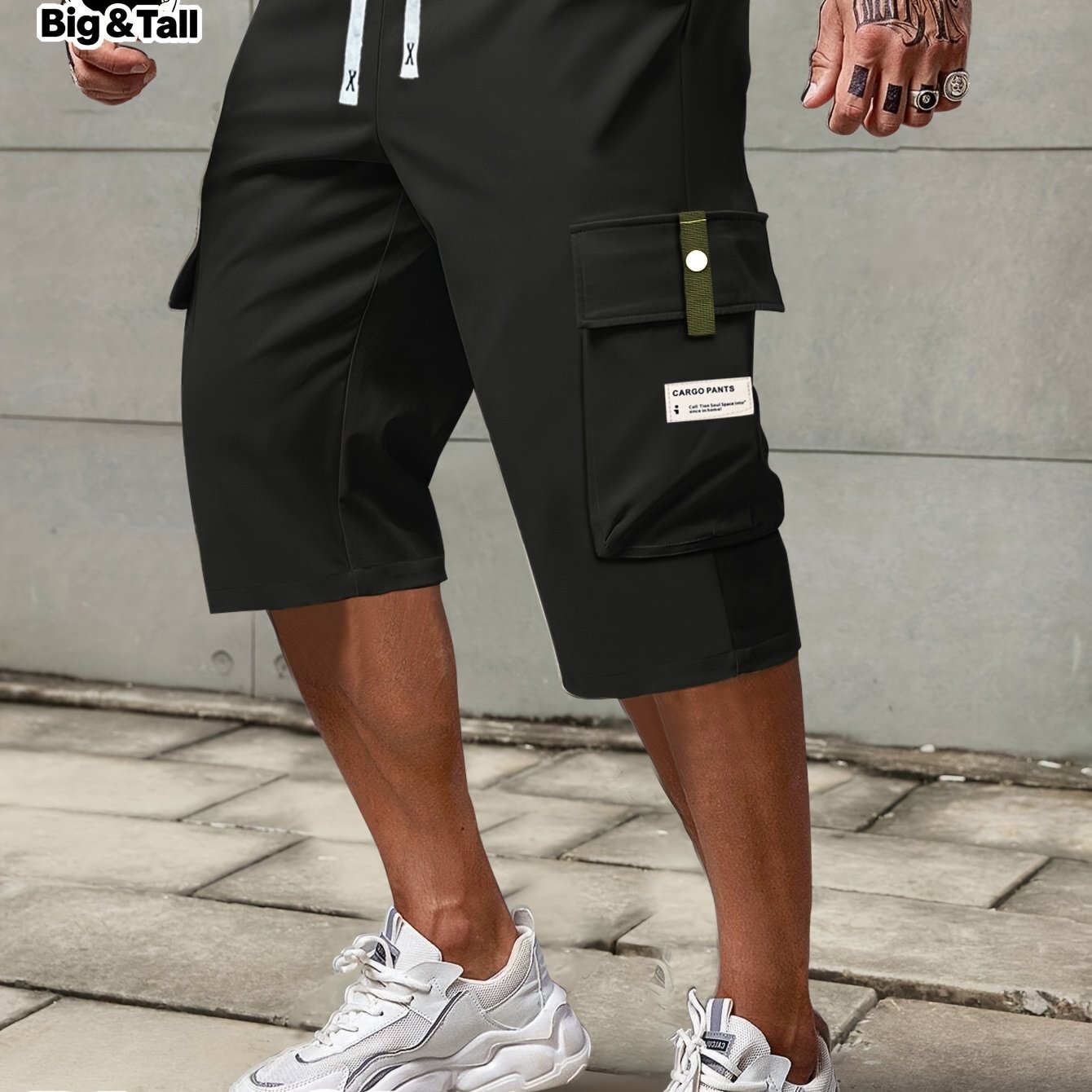 Image of Plus Size Men's Casual Cargo Shorts, Fashionable Drawstring Waistband With Pockets, Suitable For Summer Outdoor And Athletic Wear