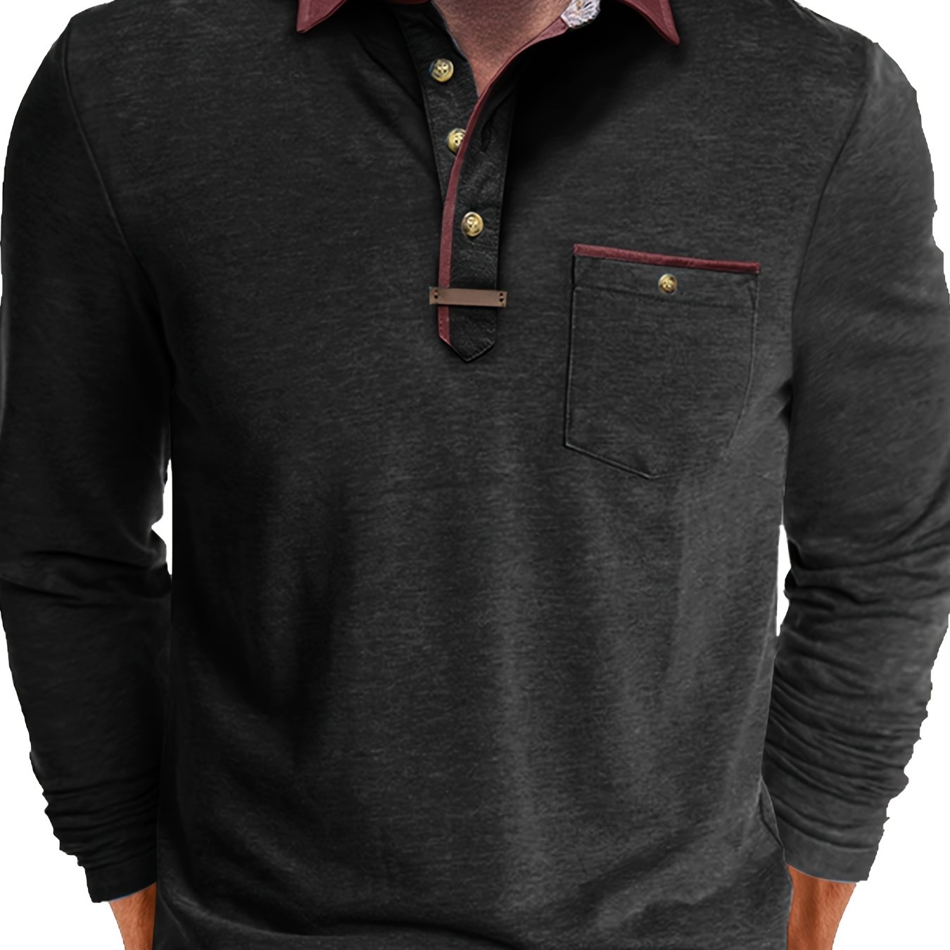 TEMU Plus Size Men's Fashion Long Sleeve Shirt, Contrast Collar Henley Shirt Top