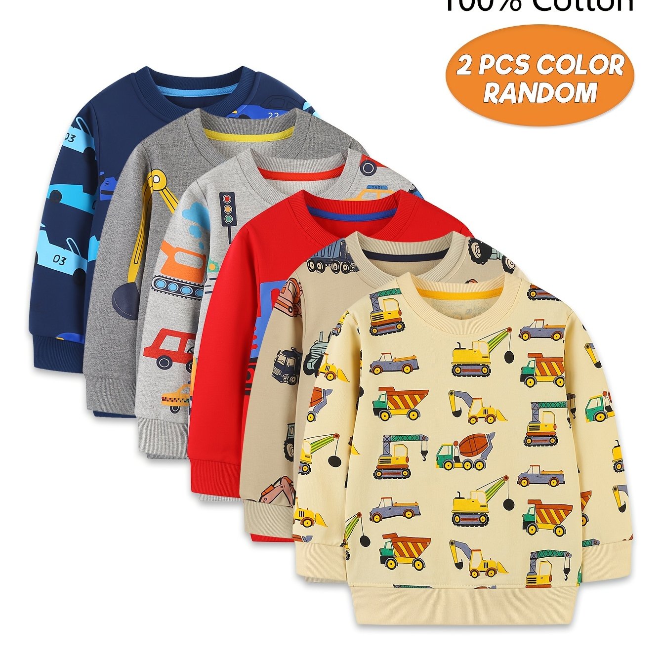 Image of Random 2pcs Color-mixed Spring/autumn Style Boys' Sweatshirt Cartoon Car Print Soft Comfortable Clothing Outdoor Casual Pullover Top Or Back-to-school New Year Gift