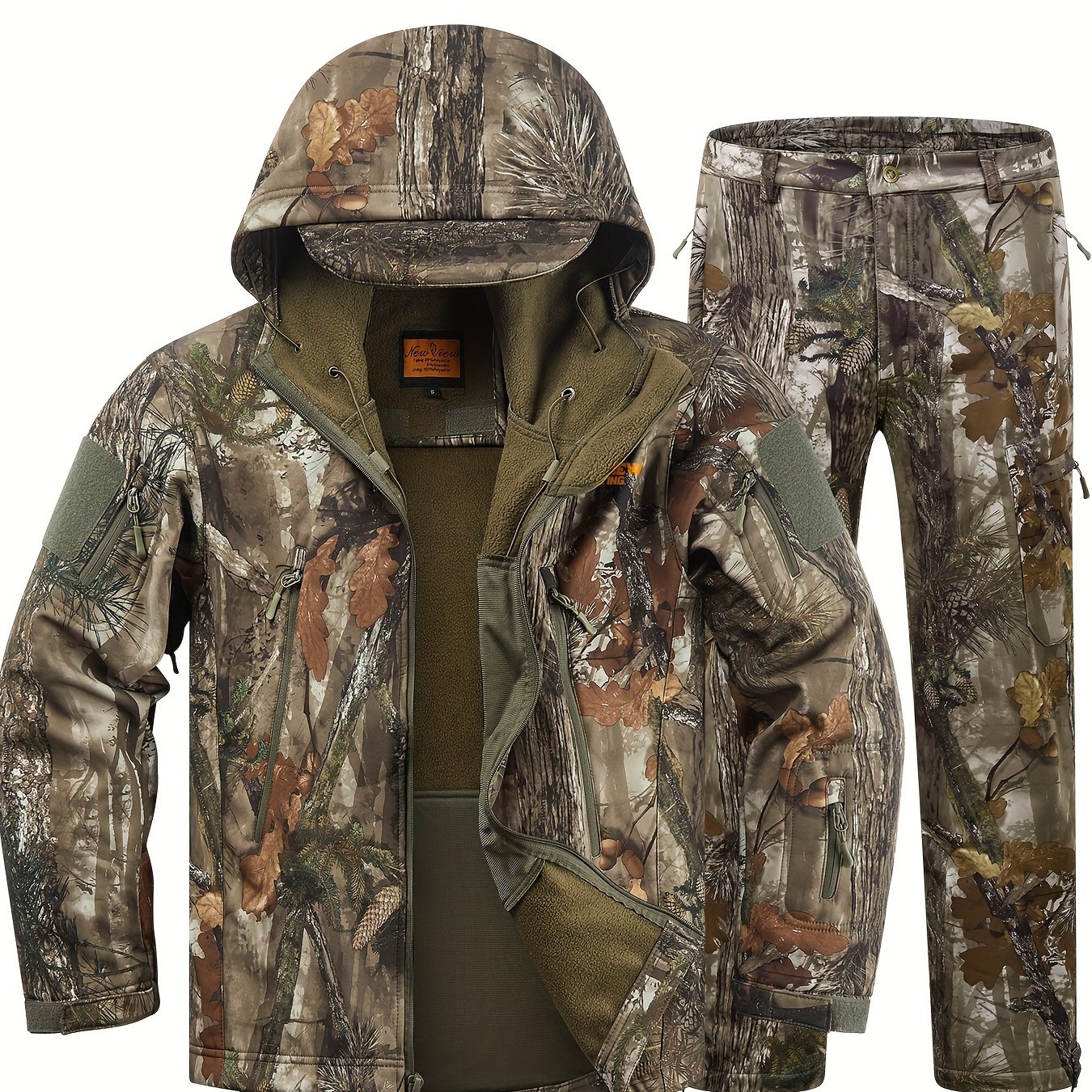 TEMU Nouveauté Vêtements de chasse camouflage pour hommes, Veste à capuche chaude et discrète et Pantalons de camouflage, Doublure en polaire, 14