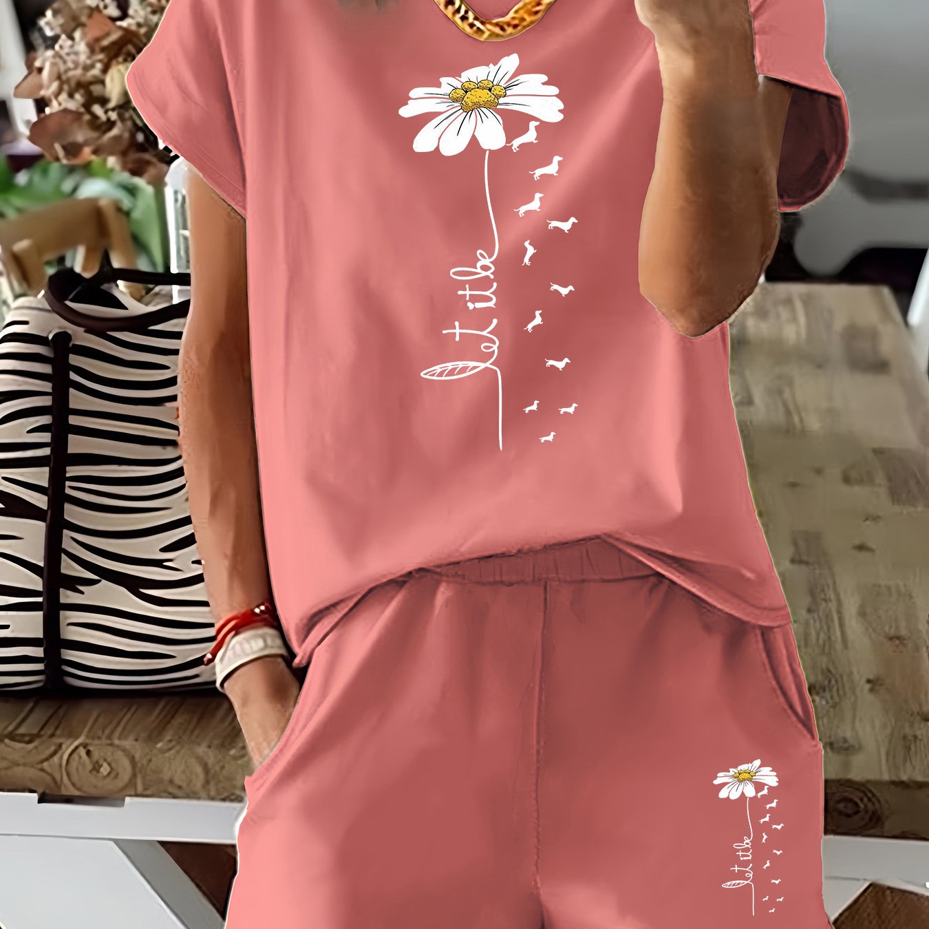 TEMU Set due pezzi con stampa , maglietta a maniche corte e pantaloncini, Abbigliamento da donna