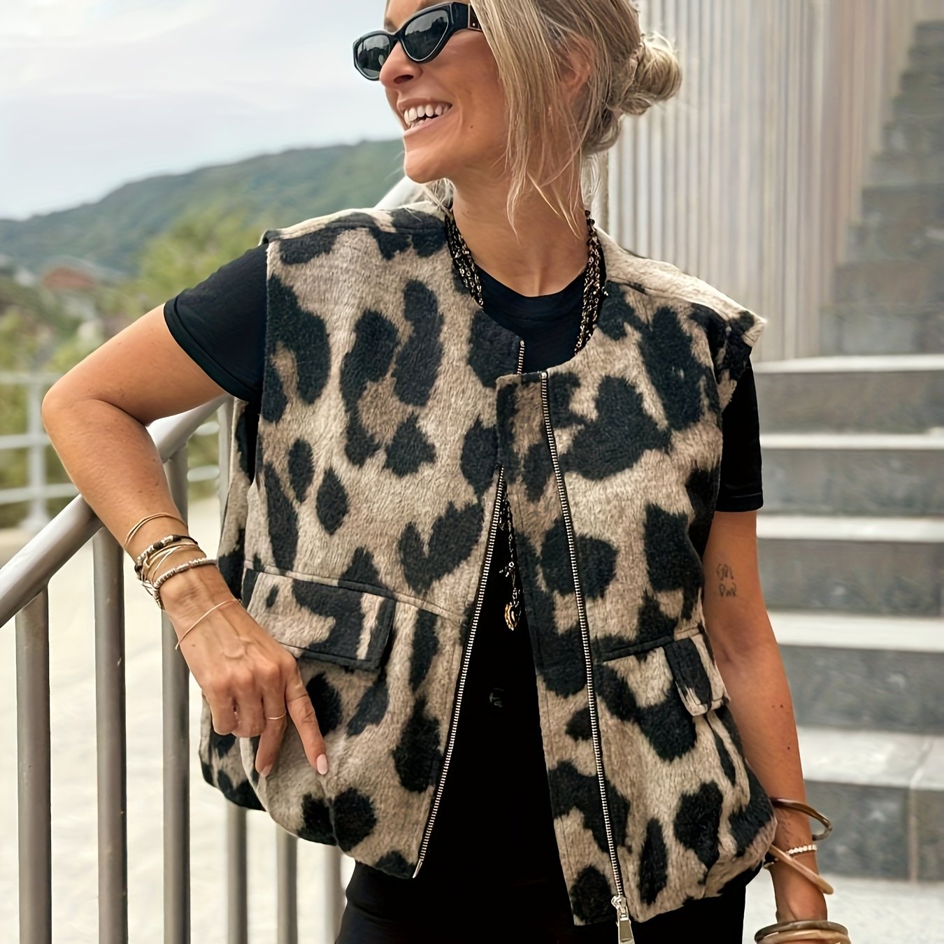 E-shop Elegante Damen Jacke mit Leopardenmuster, Reißverschluss, für Herbst und Winter, Oberbekleidung, Winterkleidung