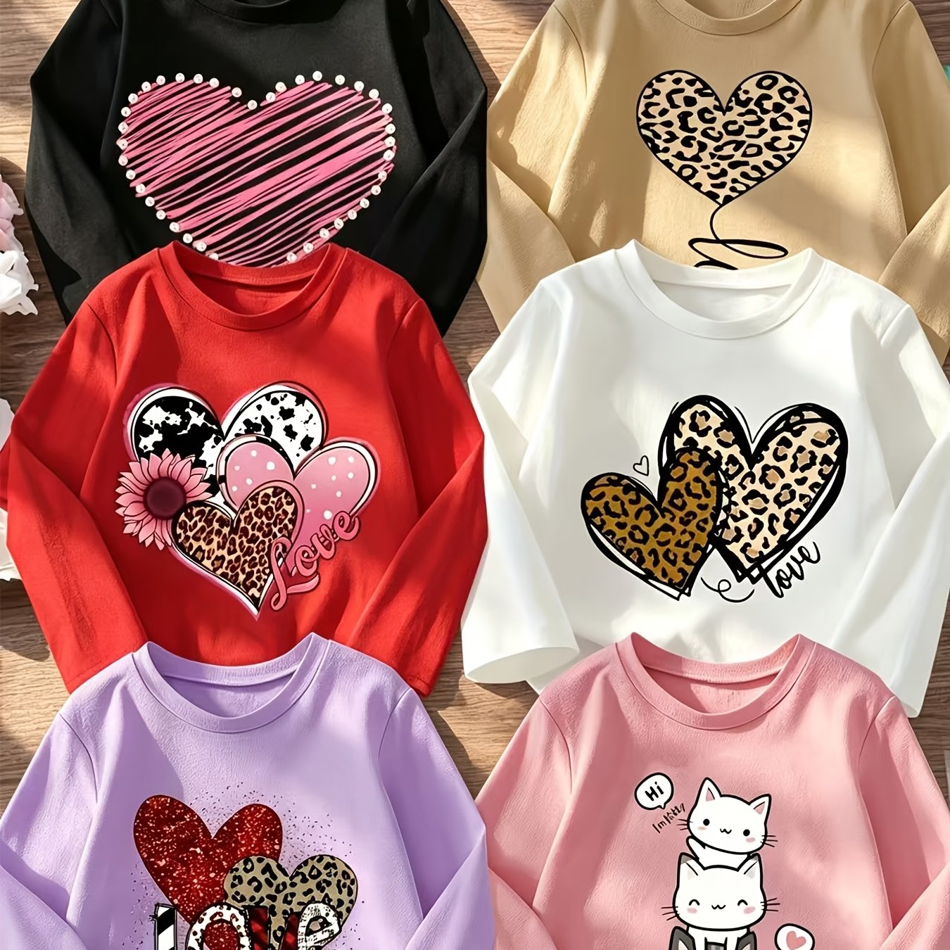 Send 1 6 Styles Girl's Spring/summer Fashion Letter Love Leopard Pattern And Other Patterns Printed Comfortable And Versatile Long Sleeve T-shirt/clothing Gift