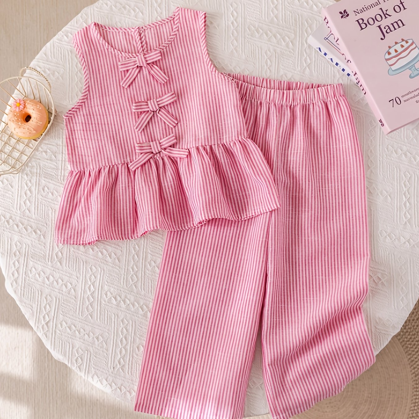 Image of Girls' 2pcs Casual Bow Striped Sleeveless Vest And Pants Set, Summer, Perfect For Outdoor