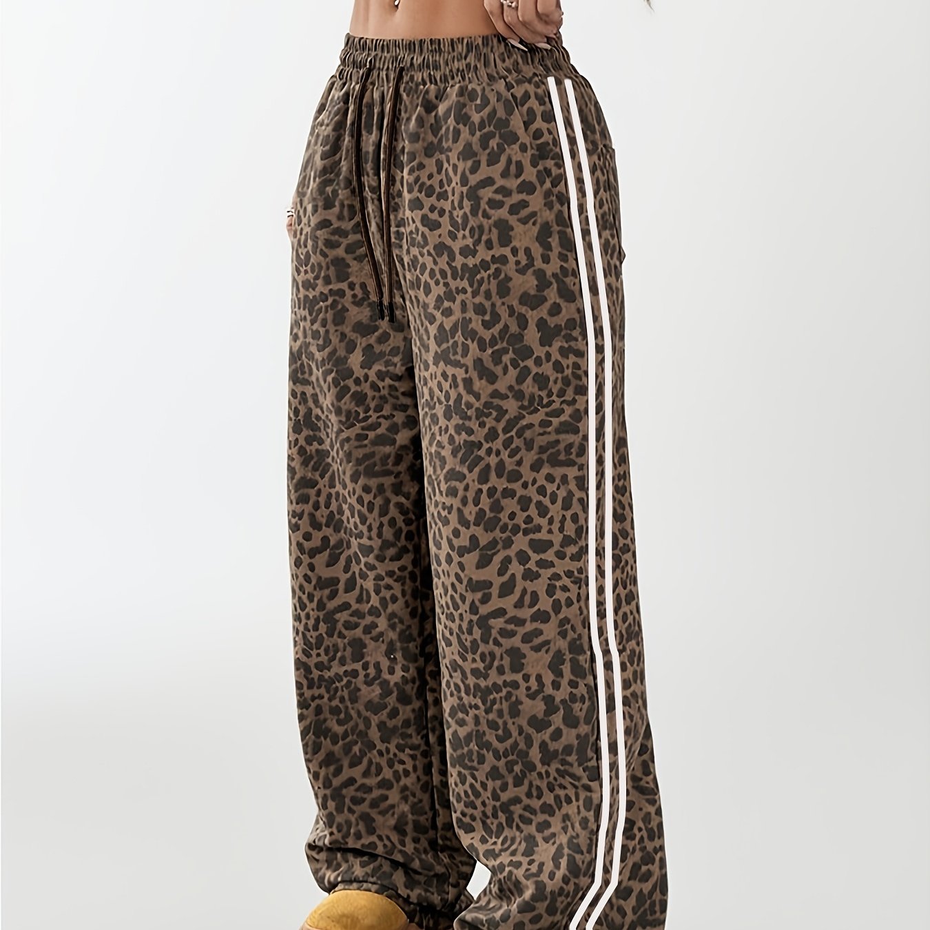 TEMU 1pc Women's Wide-leg Trousers With Elastic Waist & Vintage Leopard Print - Double-bar Wide Pants Suitable For Fitness, Gym, Casual Wear, Smooth