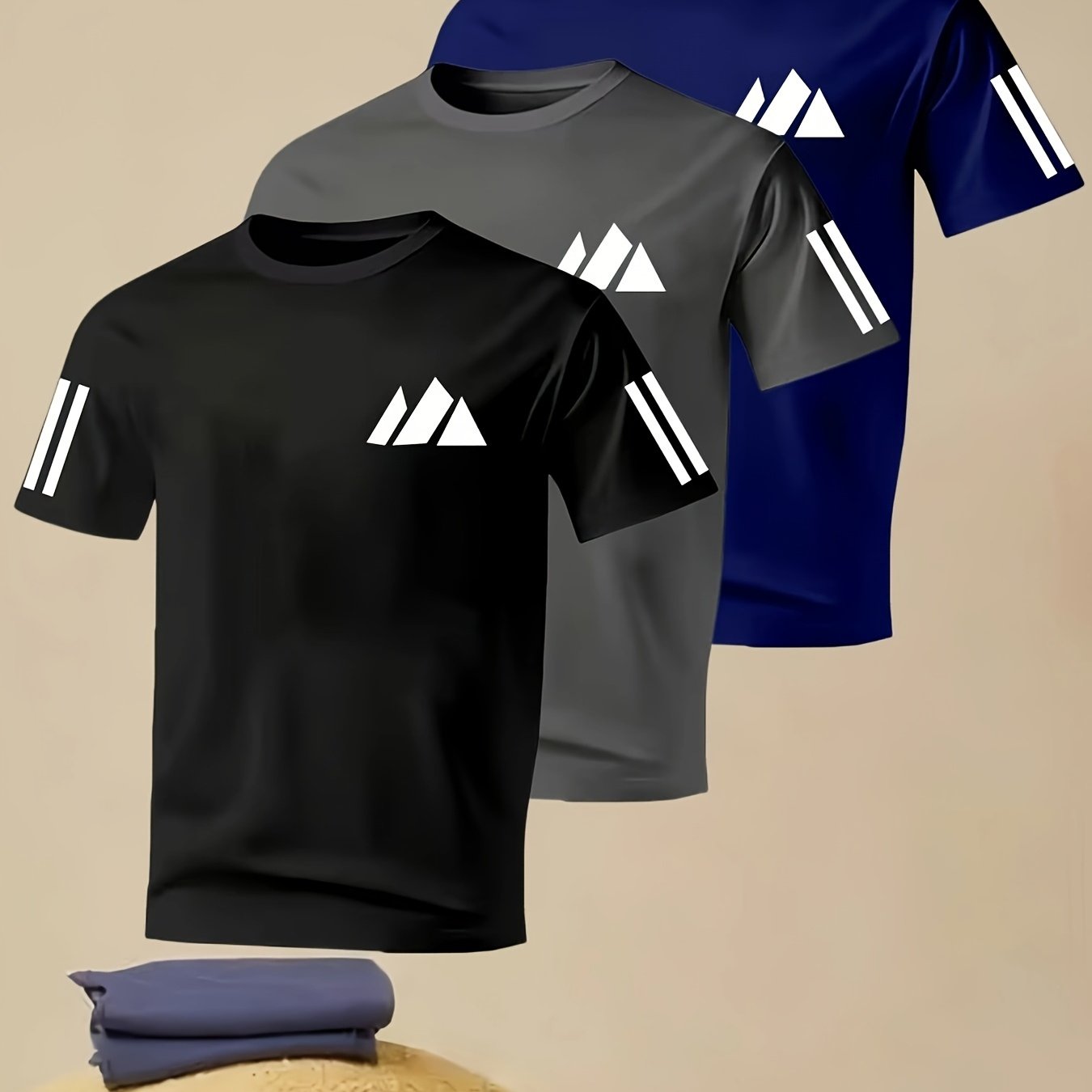 TEMU 3pcs Set Of Popular Trendy T-shirts With Striped Mountain Pattern Print, Classic Round Neck Design, Slightly Elastic Fabric, Skin-friendly And