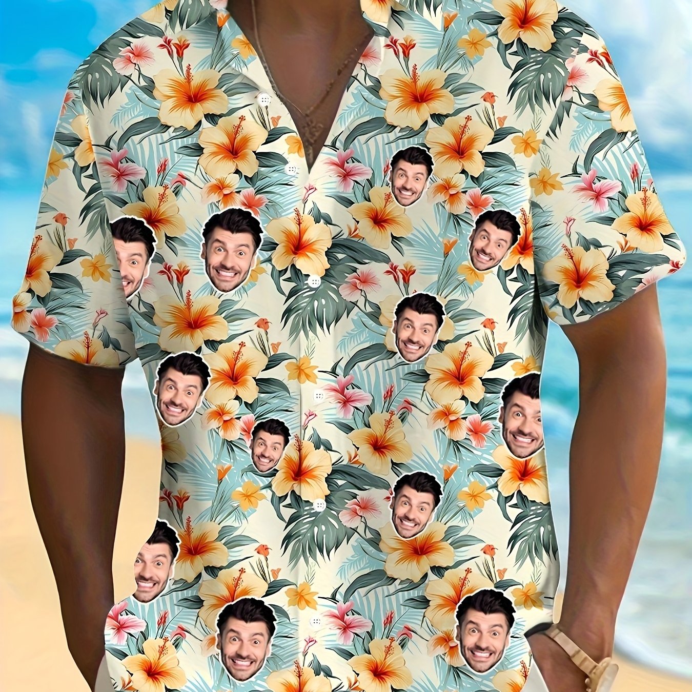 TEMU Men's Custom Photo Hawaiian Shirt - Personalized Face & Button-up Collar Short Sleeve Shirt With Tropical Print, Hawaiian Suit For Beach