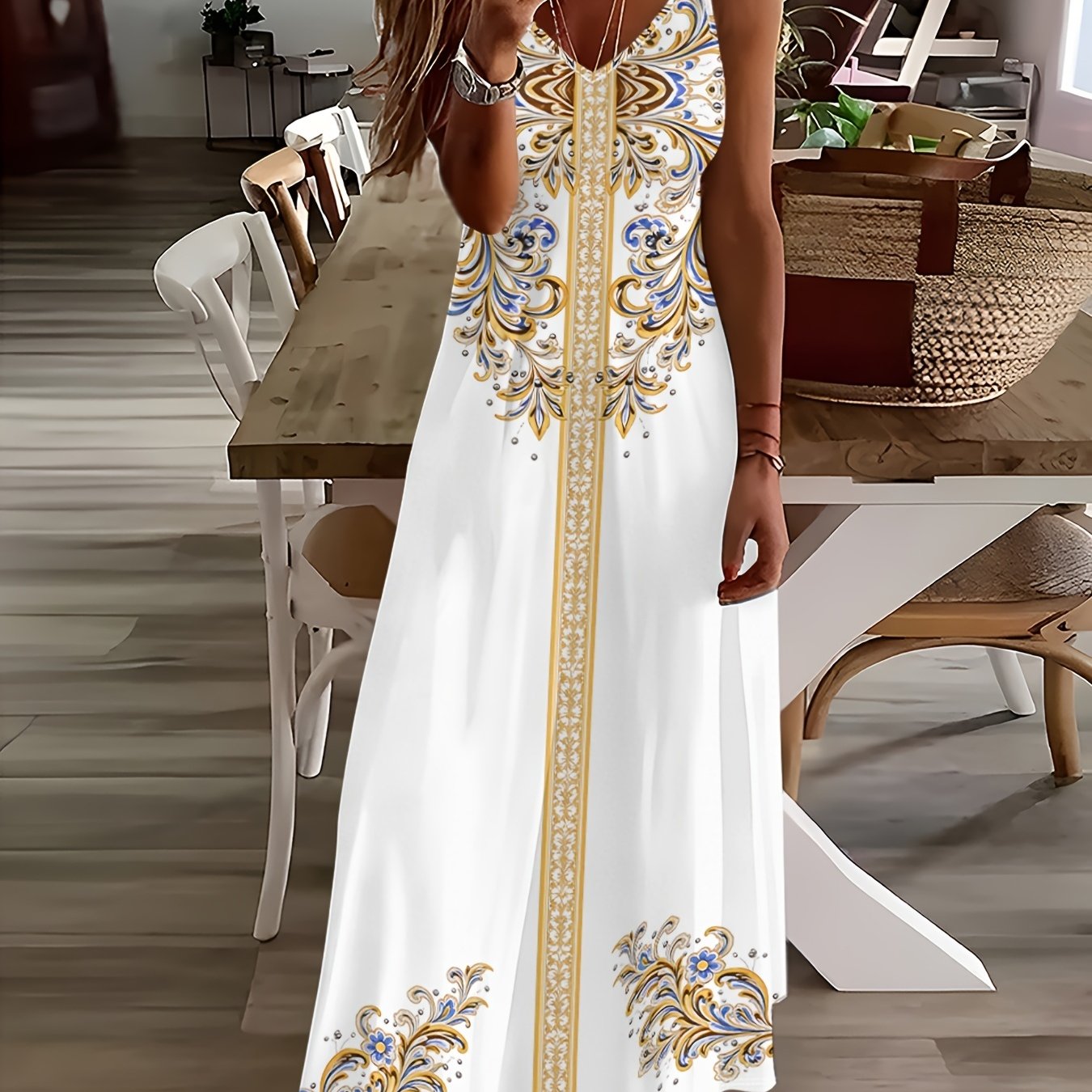 TEMU Plus Size, Summer Size Dress(23004-2426-hjx-fll) Printed Floral Golden Pattern Women's Suspender Dress