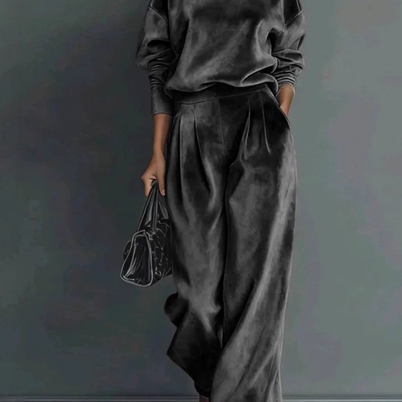 Women's Autumn And Winter Fashionable Casual Set - Long-sleeve Solid-color High-neck Wide-leg Pants
