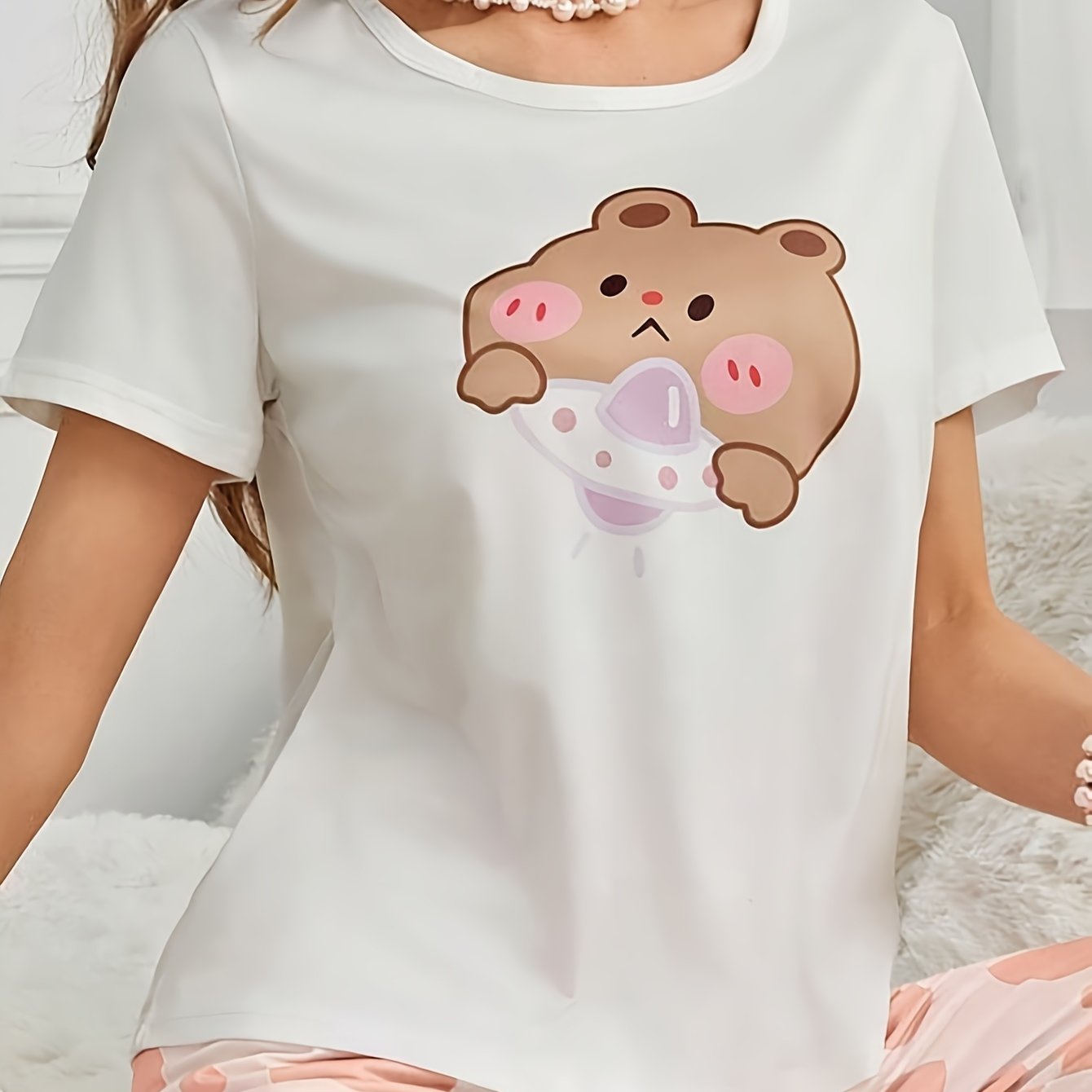 TEMU Cute Bear Print Pajama Tops, Casual Short Sleeve Round Neck Stretchy Top, Women's Sleepwear