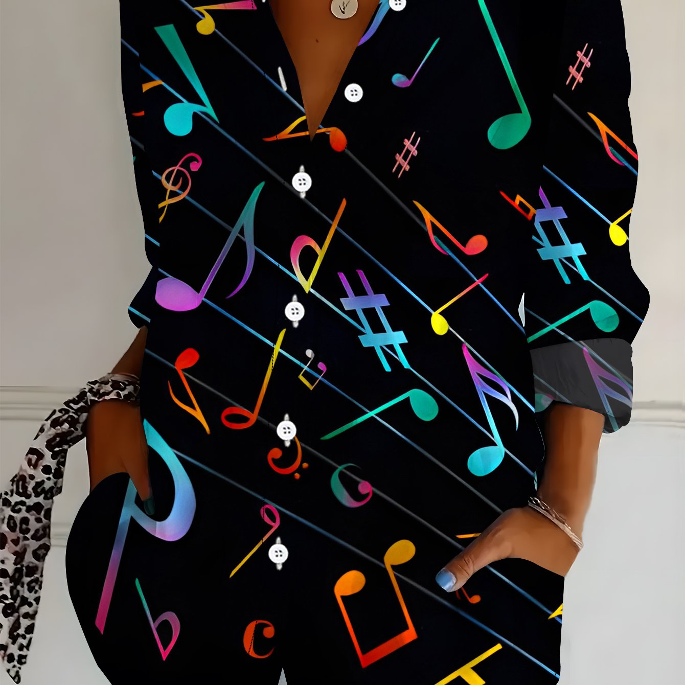 TEMU Plus Size, Plus Size Women's Long Sleeve Shirt With Dynamic Musical Note Print, Vibrant Colors, Midi-length, Soft And Comfortable Printed Casual