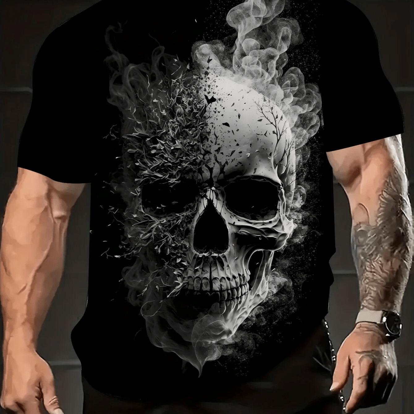 Image of Plus Size Men's 3d Skull Print T-shirt - Casual Short Sleeve, Crew Neck, Breathable, Machine Washable - Perfect For Summer Outdoor Activities, Big And Tall