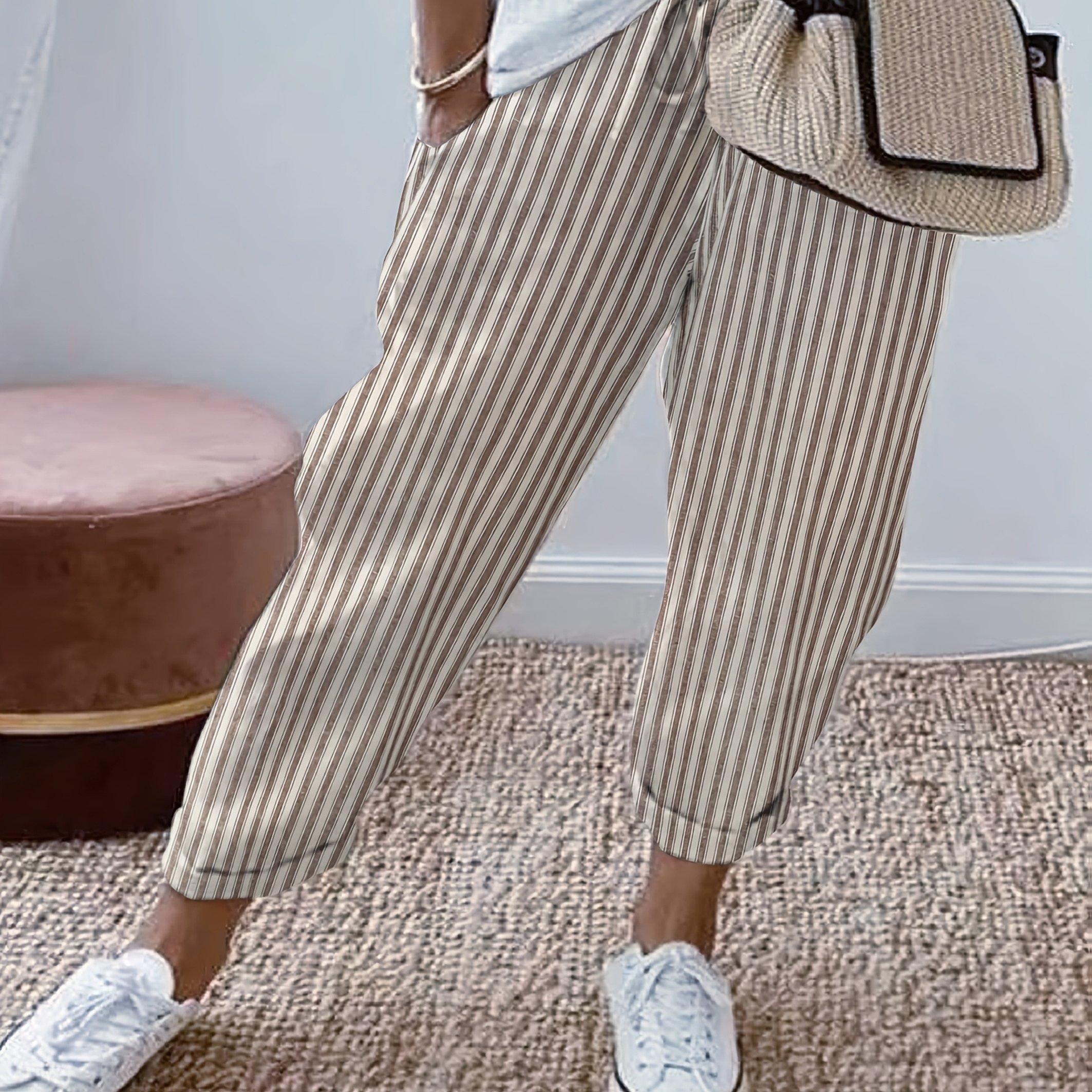 Vacation- Women's Trousers, Fashionable Striped Pure, Comfortable And Skin-friendly, Elastic Drawstring Waist, Cropped Pants