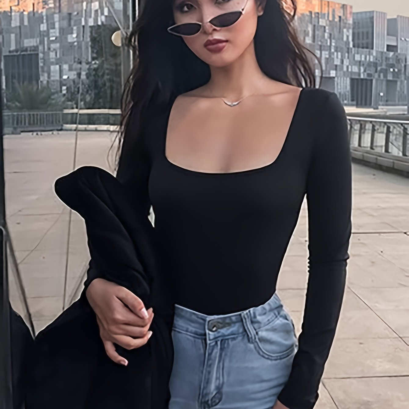 TEMU Grenzüberschreitender Western Slim Sexy Jumpsuit mit langen Ärmeln, Trägeroberteil und quadratischem Ausschnitt, 1 Stück