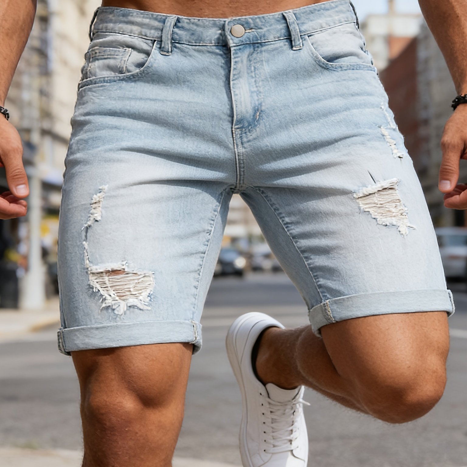 Men' Blue Ripped Denim Shorts, Thin And Versatile Slim--colored Denim Shorts For Summer