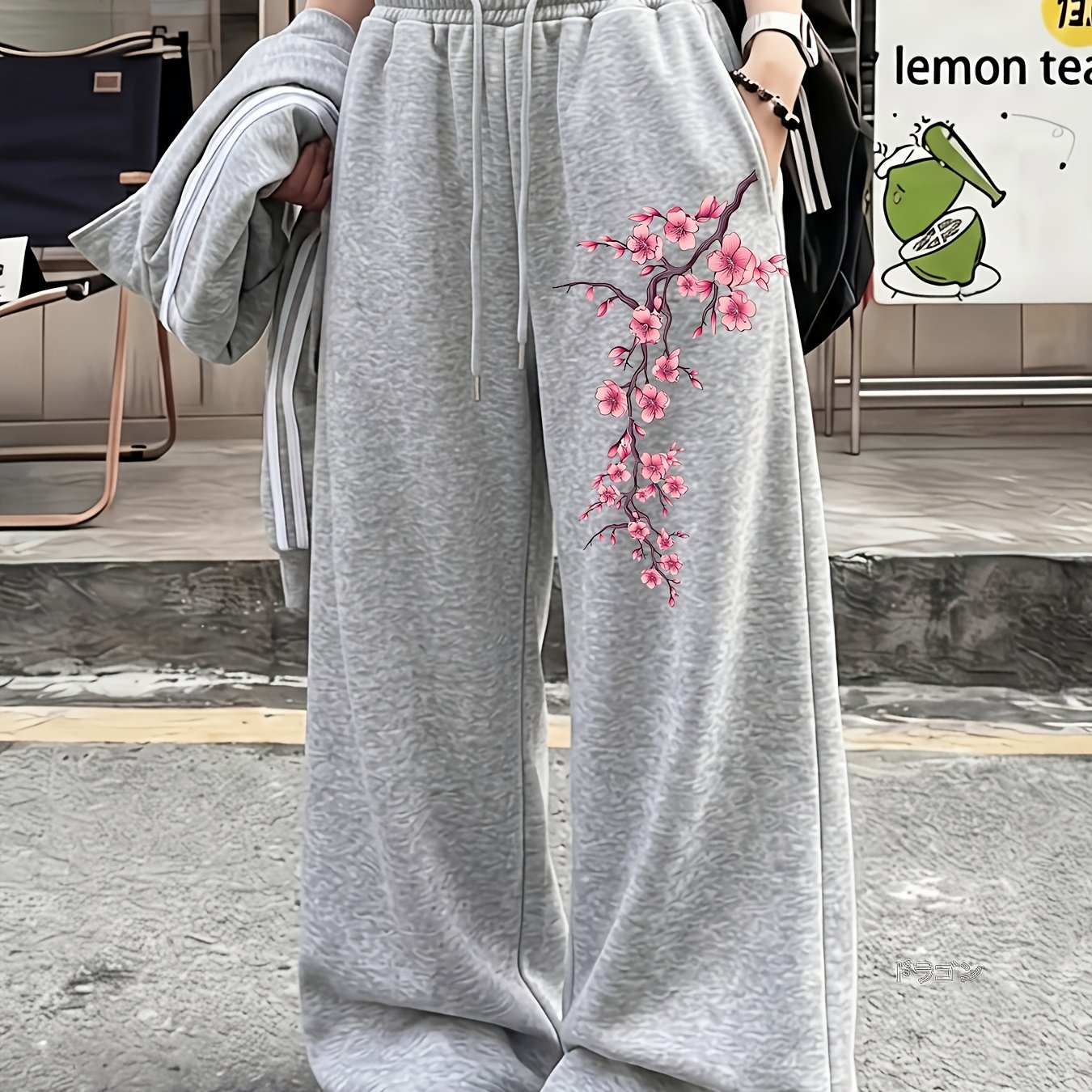 TEMU Drooping Cherry Print, Wide-leg Style, Drawstring Waist, Style, Casual Sports Pants