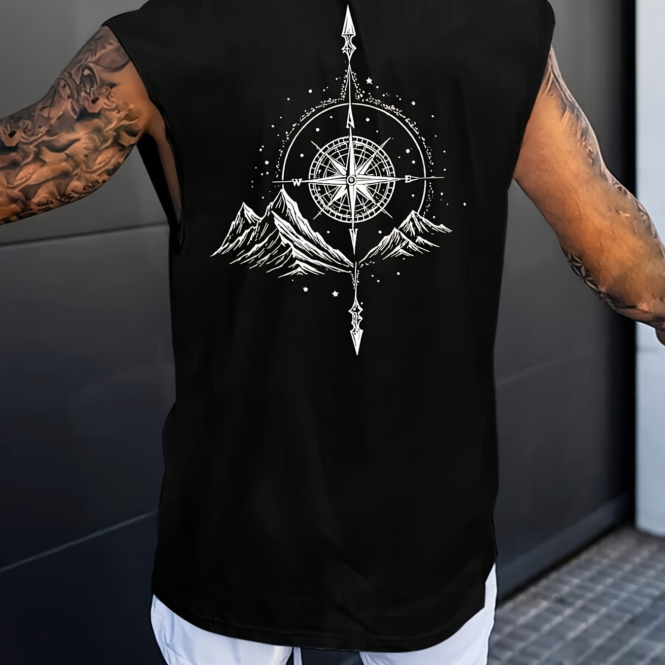 TEMU Men's Vintage Sleeveless Tank Top With A Compass Mountain Graphic Print, Suitable For Spring And Summer, Vacations, Parties, And Casual