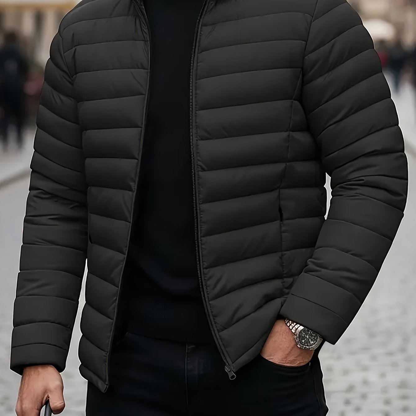 TEMU Men' Coat, Men's Autumn Winter Solid Color Quilted Jacket, Men's Casual Zipper Warm Quilted Collar Jacket, Warm Comfortable Fashionable Outdoor