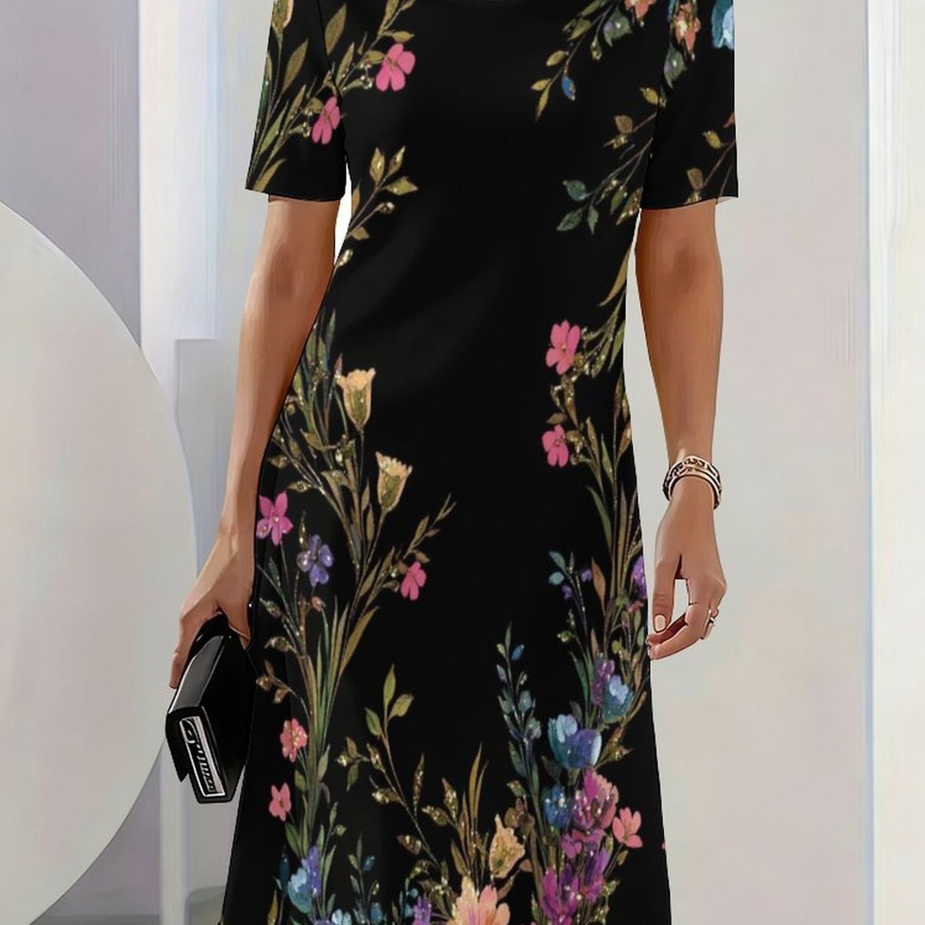Plus Size, [printed Pattern - Non-3d Texture] Casual Plus-size Women's Dress Floral Print Retro-inspired Minimalist Outdoor Women's Round-neck Short-sleeve Dress Vacation & Homewear Dress