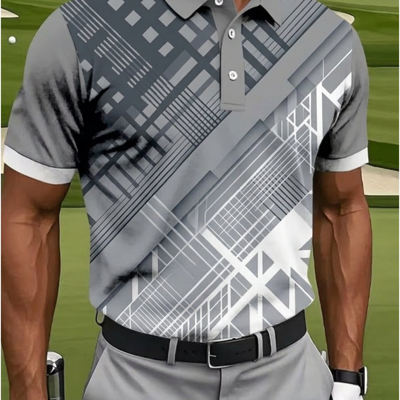TEMU Men's Gray Geometric Golf Short-sleeve Shirt, Mesh Pattern Shirt, Abstract Shirt, Modern Tech Top, Futuristic Print T-shirt - Printed Shirt