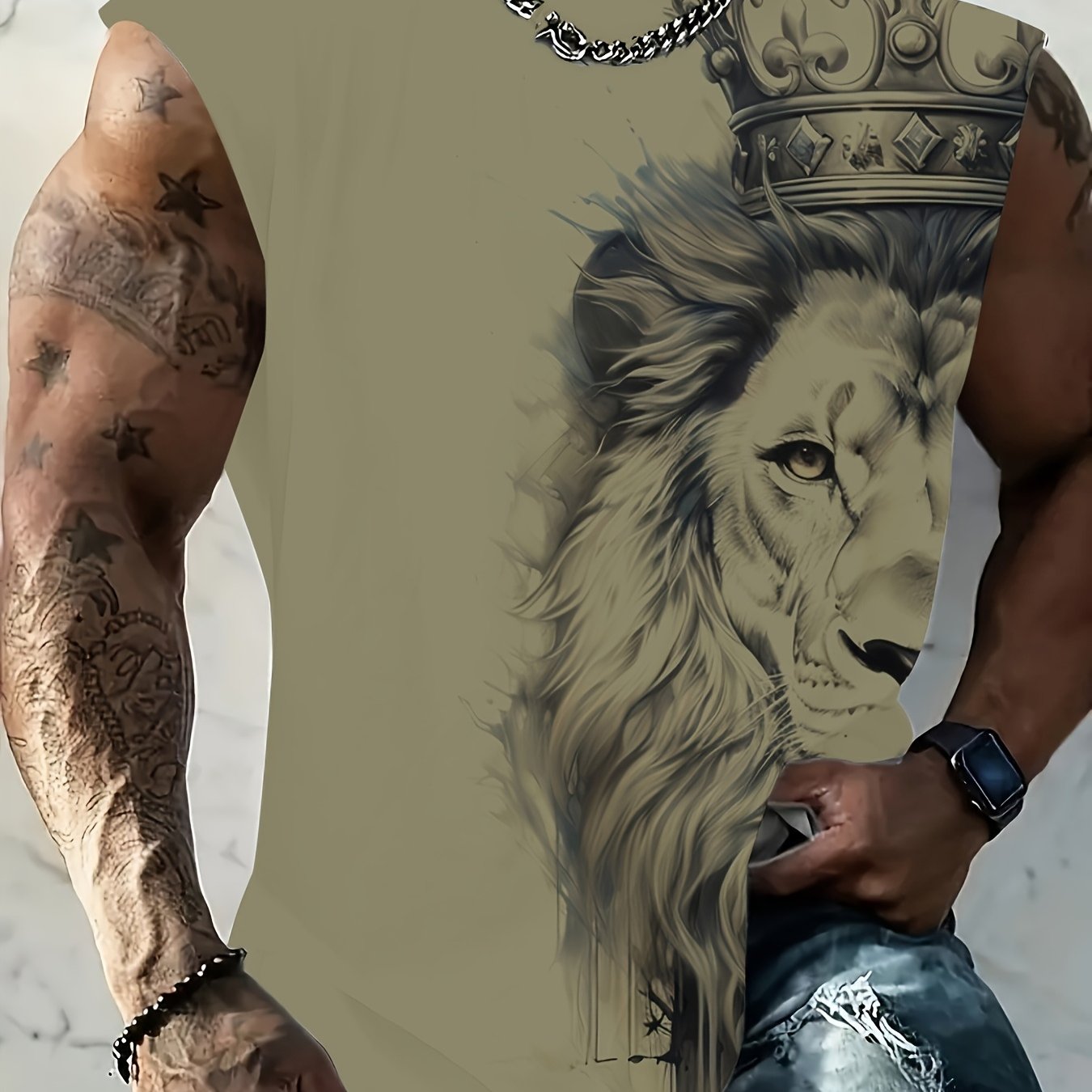 TEMU [printed Design - Not Textured] Men's Lion Pattern Fun Sleeveless Tank Top, Suitable For Vacations And Friend Gatherings, Plus Size