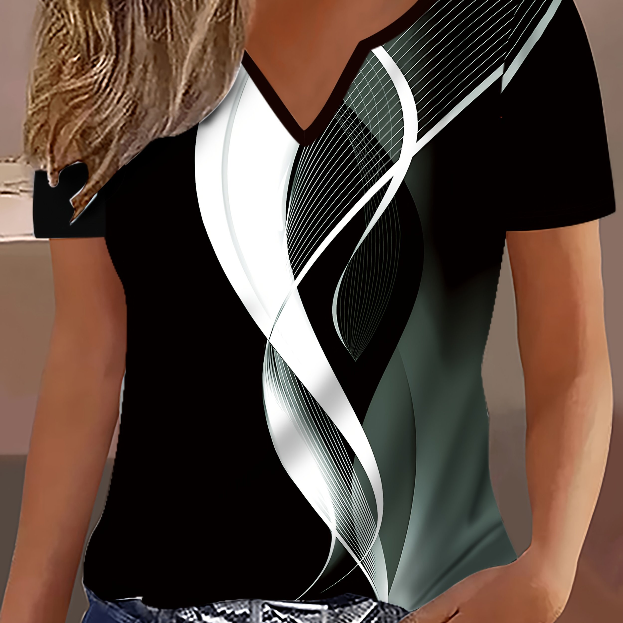 Plus Size - Plus Size - [directional] Elegant Directional Women's V-neck Short-sleeved Printed T-shirt Women's Elegant Trend Printing And Dyeing Full-body Printed Top