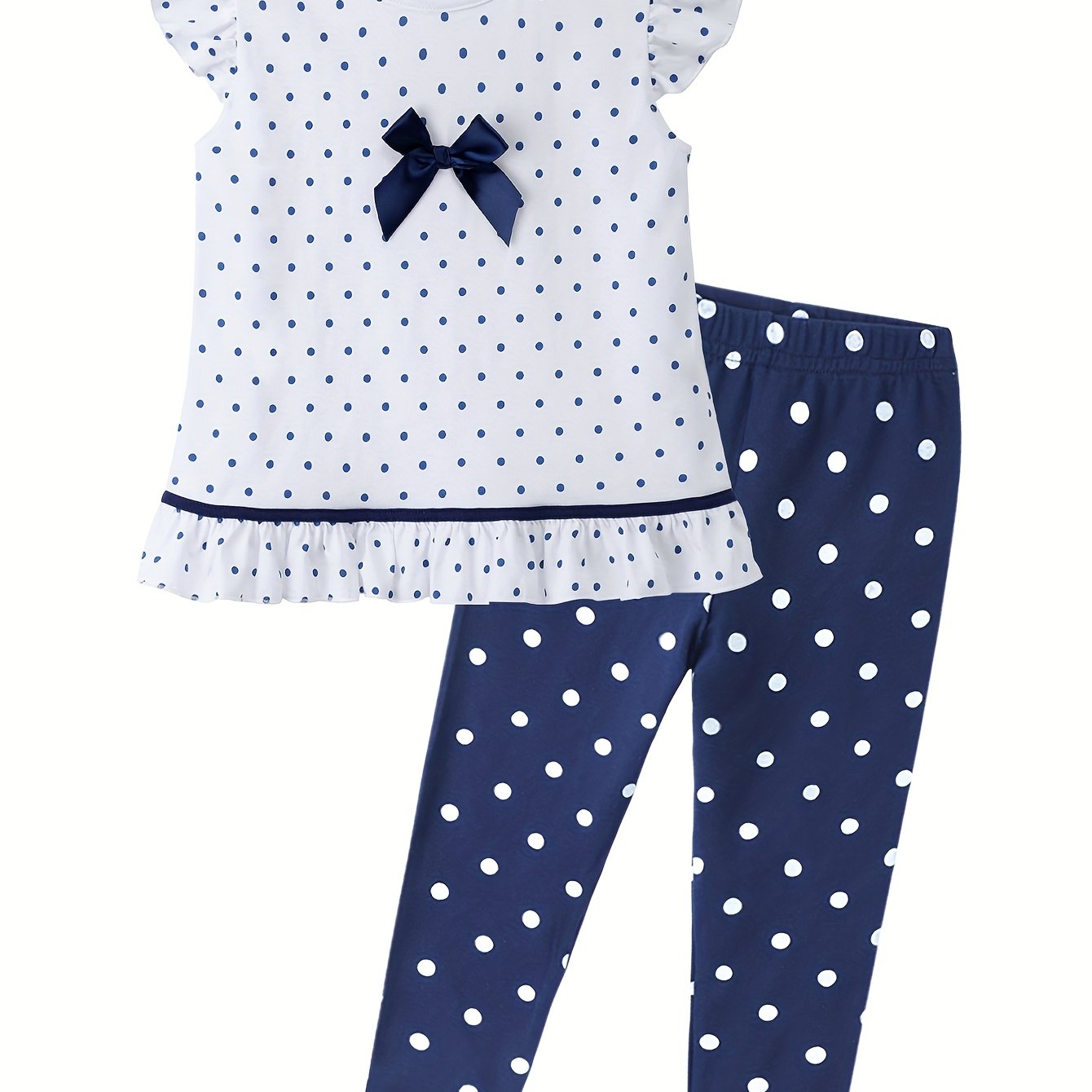 Image of Girls' Two-piece Set: Short-sleeve T-shirt And Pants Outfit With Bow, Summer Knit Top, Polka Dot Print, Round Neck Casual Outdoor Outfit, Perfect For Outdoor