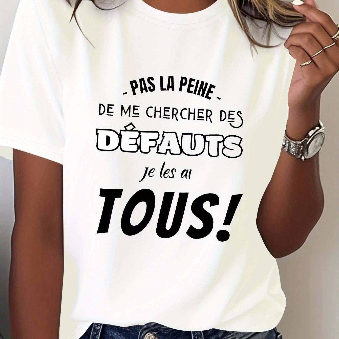 TEMU T-Shirt Femme Grande Taille "Pas Besoin de Chercher Mes Défauts, Je Les Ai Tous" - Imprimé Lettres , Manches Courtes, Col Rond, Blouse