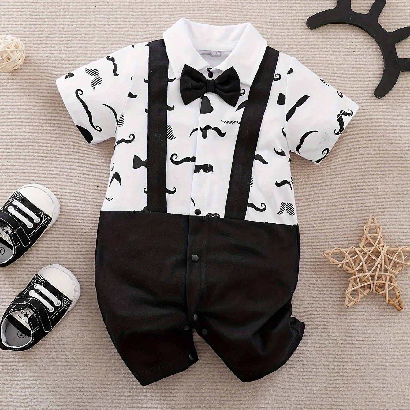 Image of Full-print Mustache Bow Tie Lapel Short-sleeve Children's Summer Pure Jumpsuit, Perfect For Outdoor