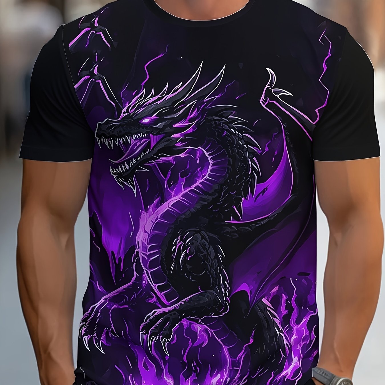 TEMU Men's Breathable Stretch Round Neck T-shirt - Short Sleeves In Deep Purple With Black Patterns, Lightweight For Summer Workouts And Casual