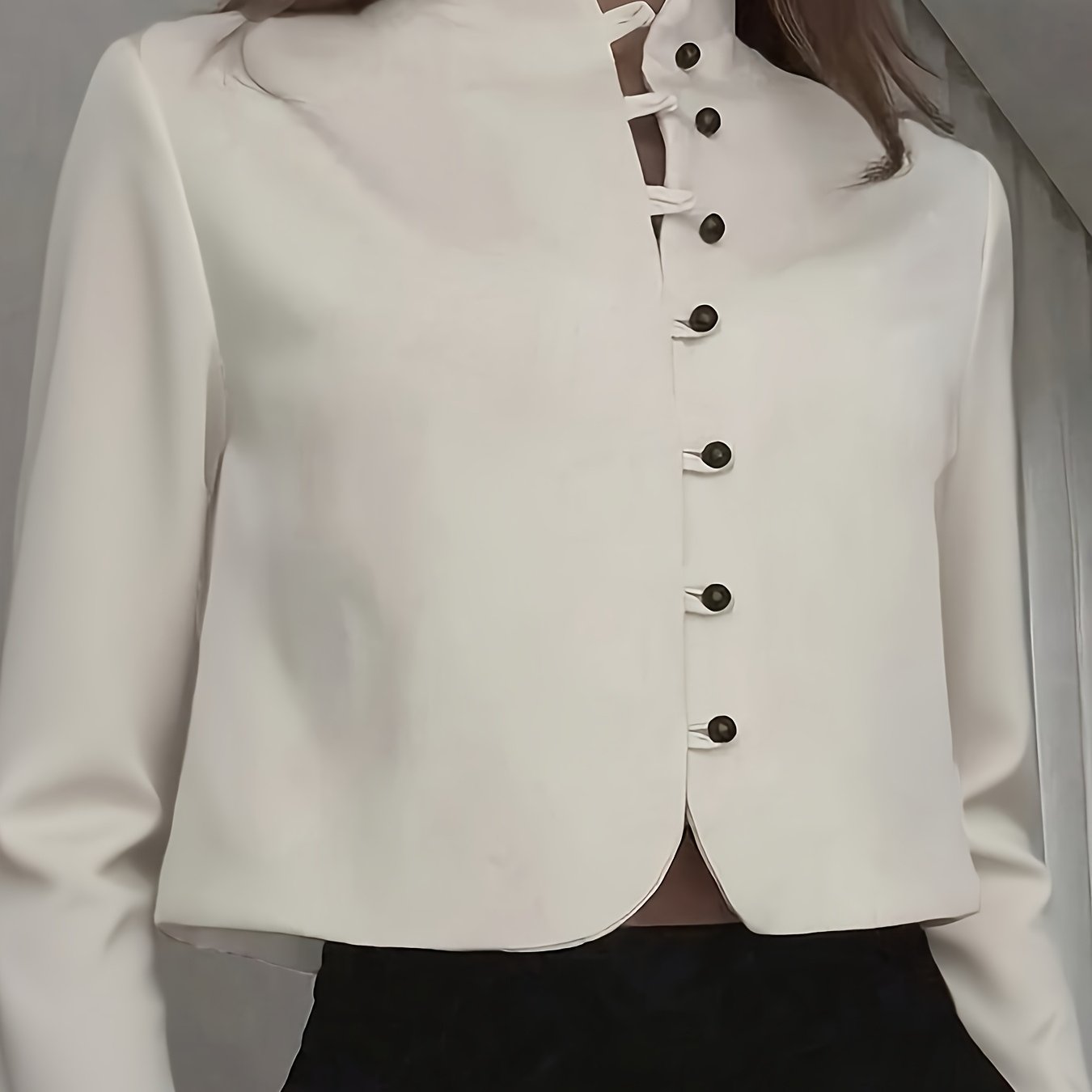 TEMU Women's New Chinese- Collar Button-up Long Sleeve Short Top, Elegant Solid Color Slim-fit Shirt In White