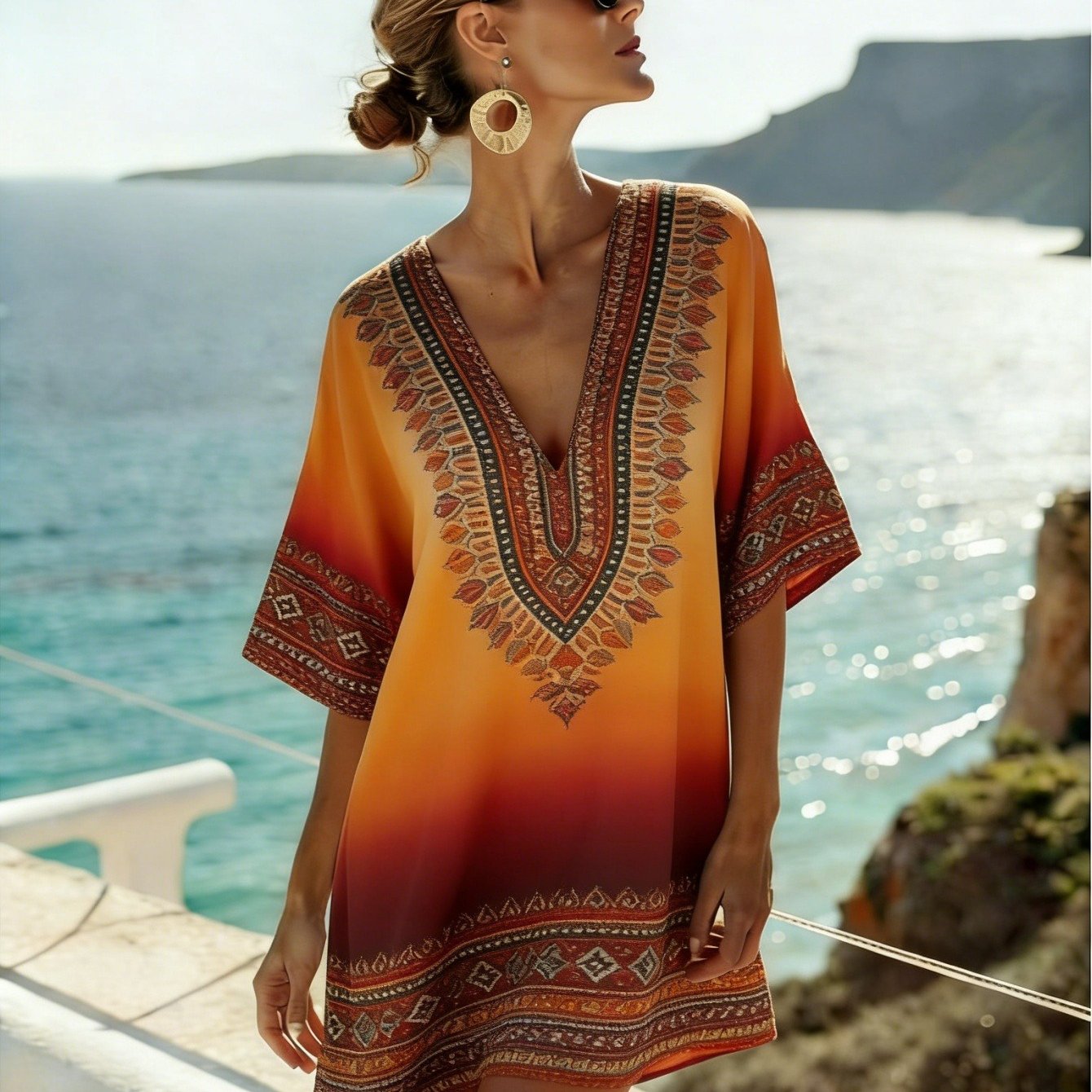 Image of Women's Boho Kaftan Dress With Batwing Sleeves - Orange Red Gradient Bohemian Beach Dress, -line Batwing Cover Up Suitable For Vacation, Poolside, Resort Wear, Machine Washable Loose Casual Dress