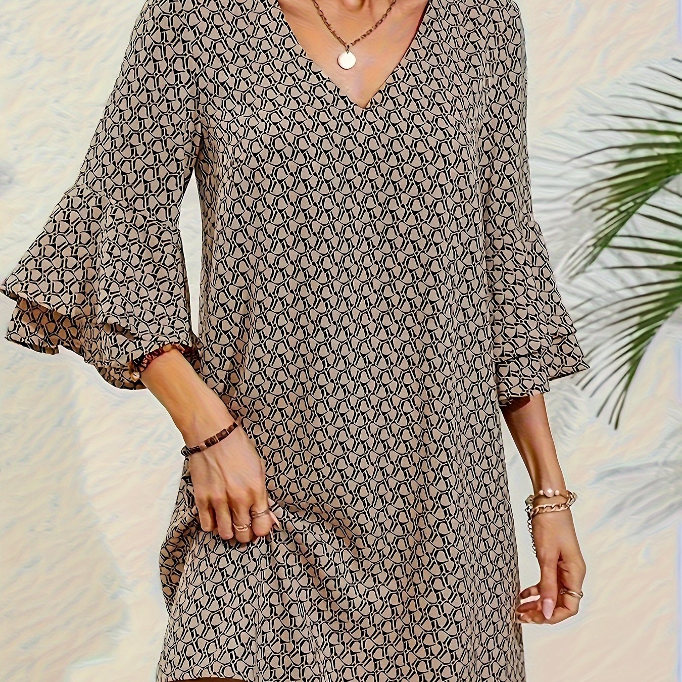 Printed Layered Dress, Casual V-neck Flared Sleeve Dress For Women