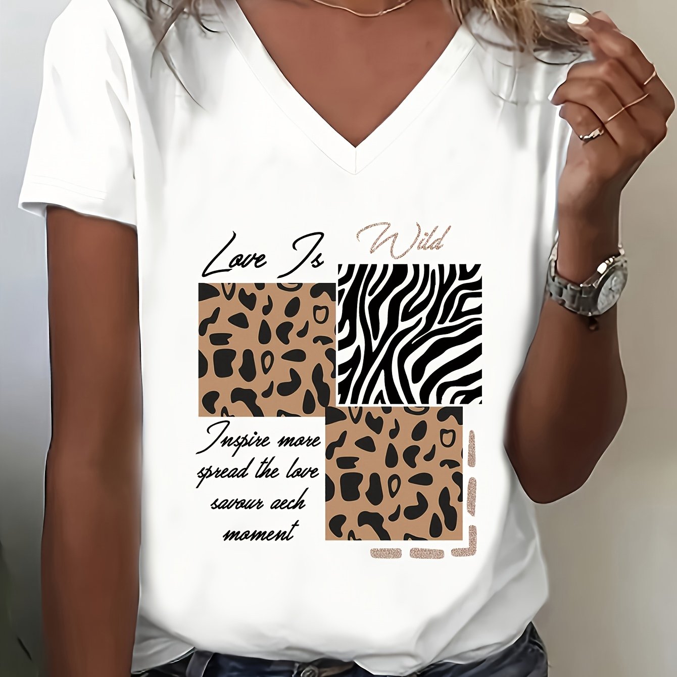 Image of Women's Letter Print V-neck T-shirt Women's Spring And Summer Thin Pullover Daily Versatile Loose Casual Sports Short-sleeved Top
