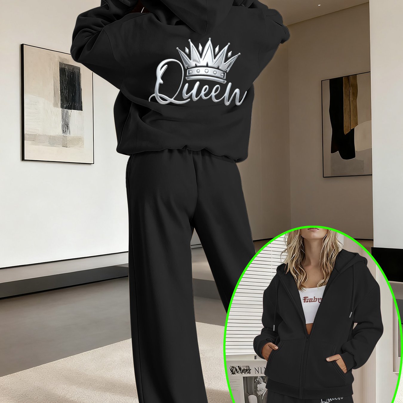 TEMU Graphic Print Two-piece Set, Hoodie And Pants, Women's Clothing