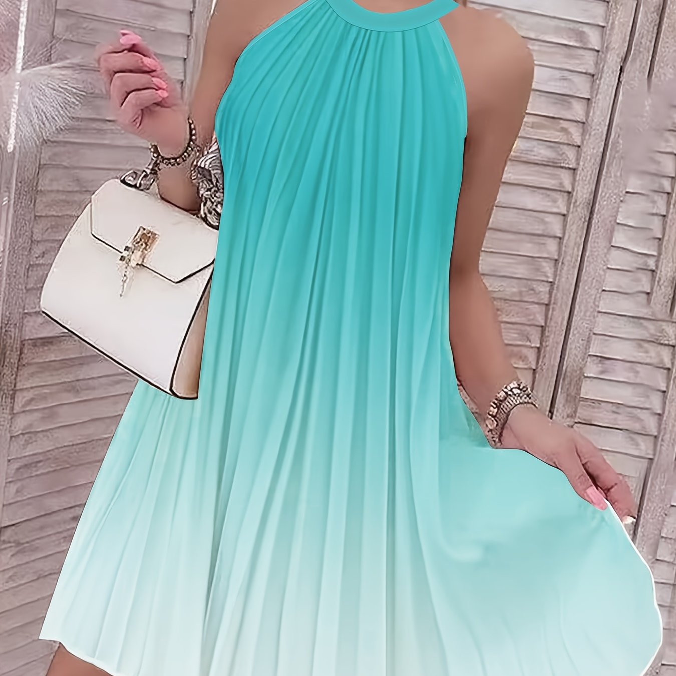 Image of Women's Sleeveless Halter Neck -line Dress - Gradient Beach Dress With Pleated, Loose Fit Vacation Dress Suitable For Poolside, Summer Weddings & Resort Wear, Machine Washable Ombre Dress