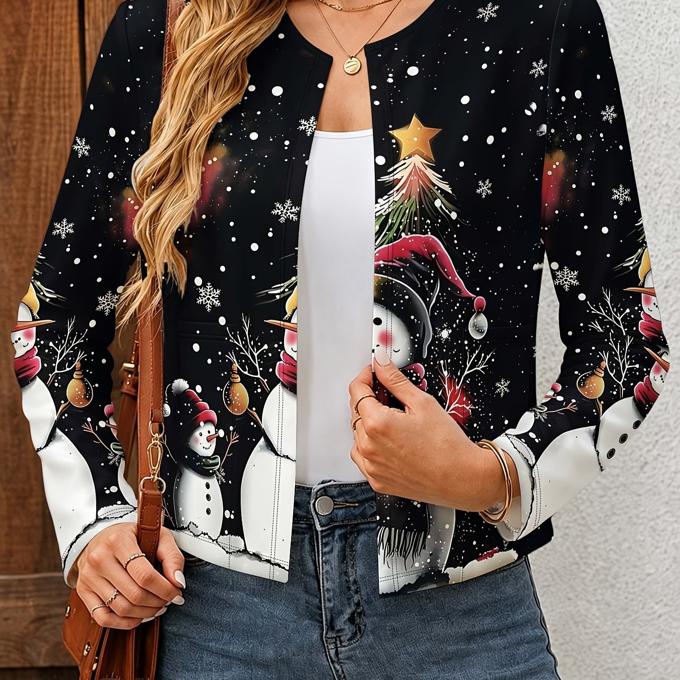 TEMU Women's Trendy Christmas Snowman And Snowflake Print Pocket Long-sleeve Cardigan