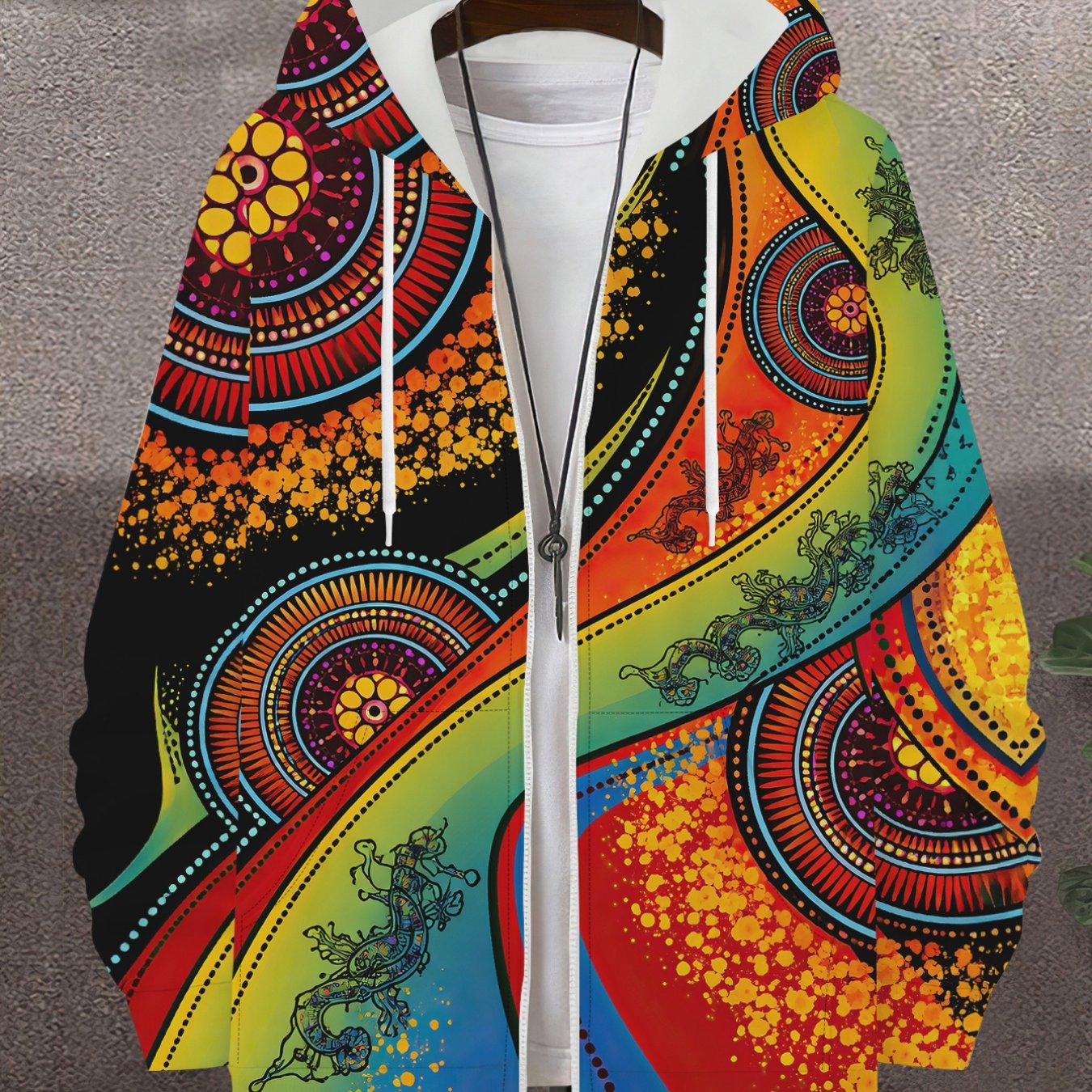 TEMU Ethnic Style Totem Printed Hoodie Jacket Men's Spring Autumn Loose Trendy Personality Zip Up Cardigan Casual Versatile Top
