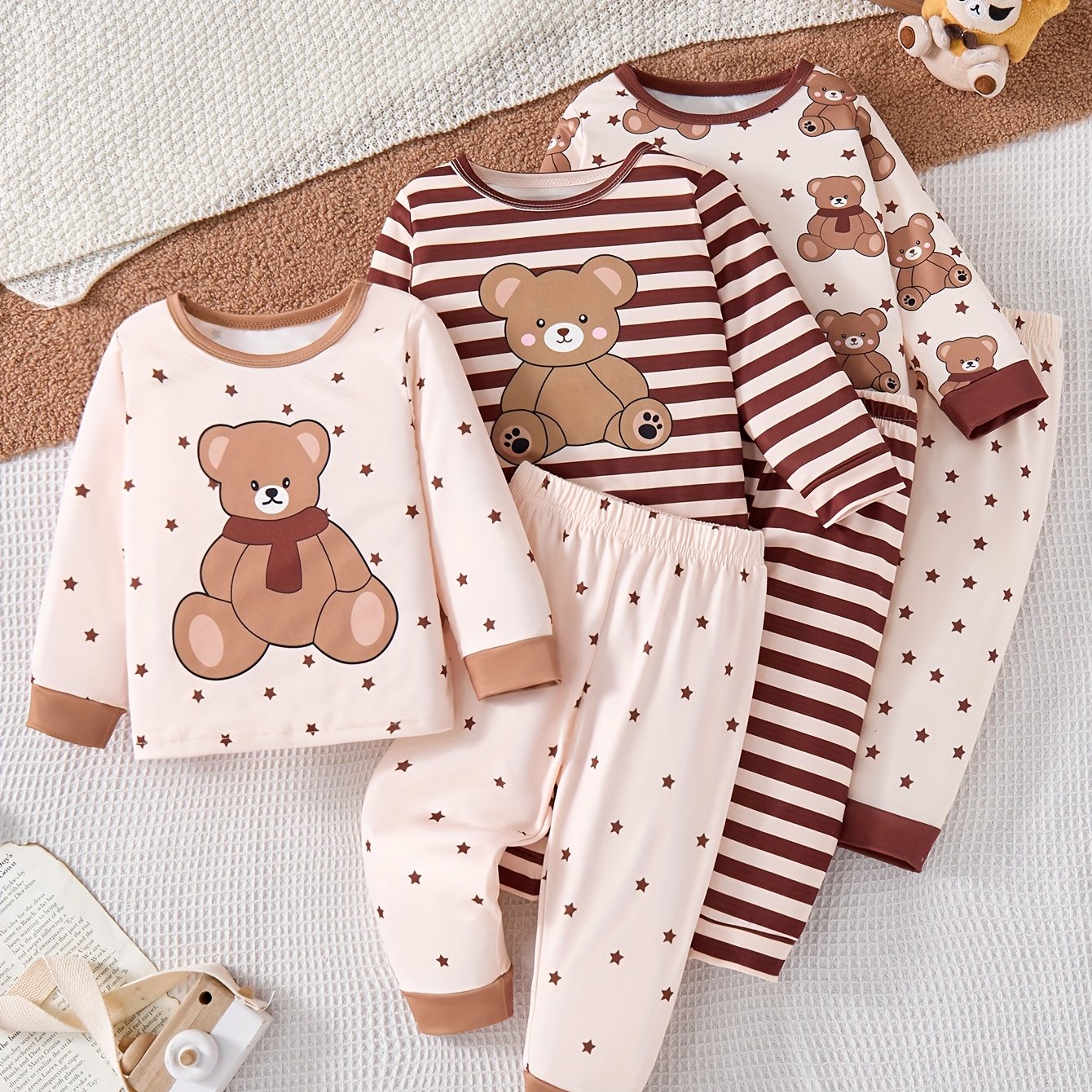 Image of 6pcs Set Boys' Fashion Cartoon Bear Wear Set Striped Star Random Print Long Sleeve Crew Neck Top Long Pants Fashion Set Suitable For Base Wear Outdoor Wear Soft Fabric Wear
