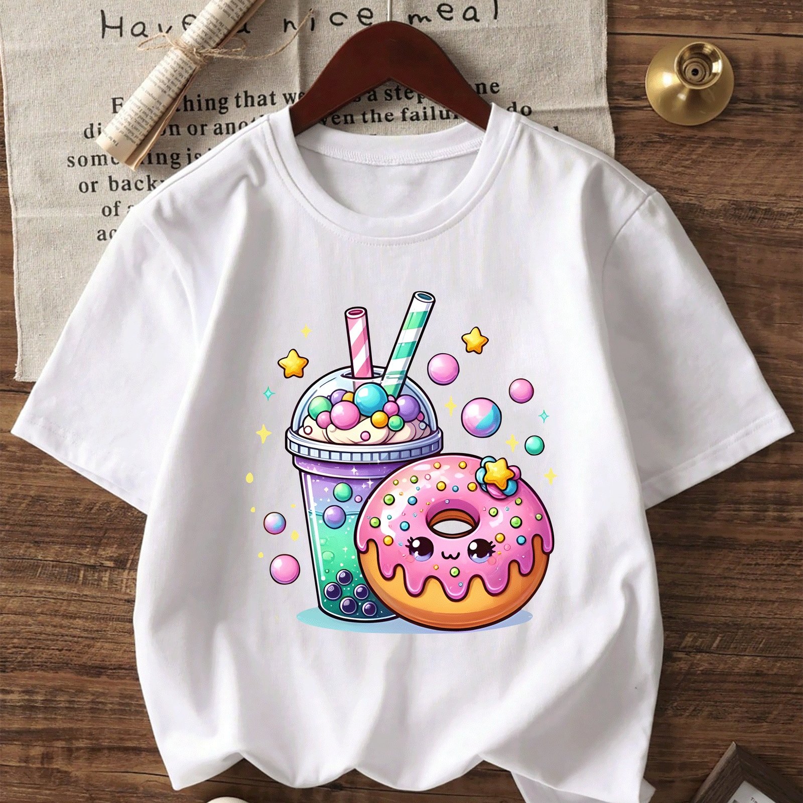 Image of A White Short-sleeve Top With A Tea Pattern, Perfect For Girls To Wear In The Summer